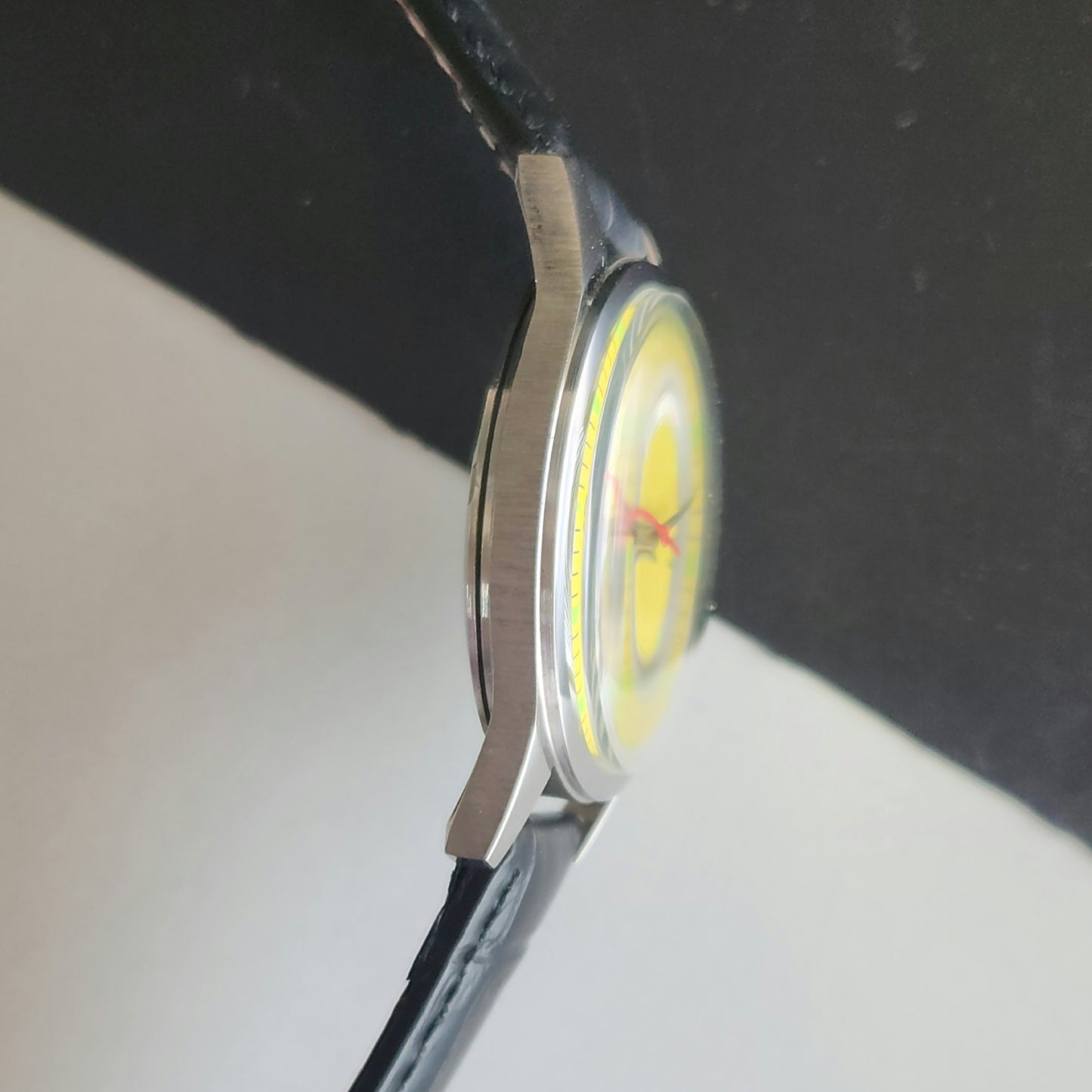 Vintage HMT Jawan Hand Winding 17 Jewels Yellow Face Black Leather Strap Men's Wrist Watch J40