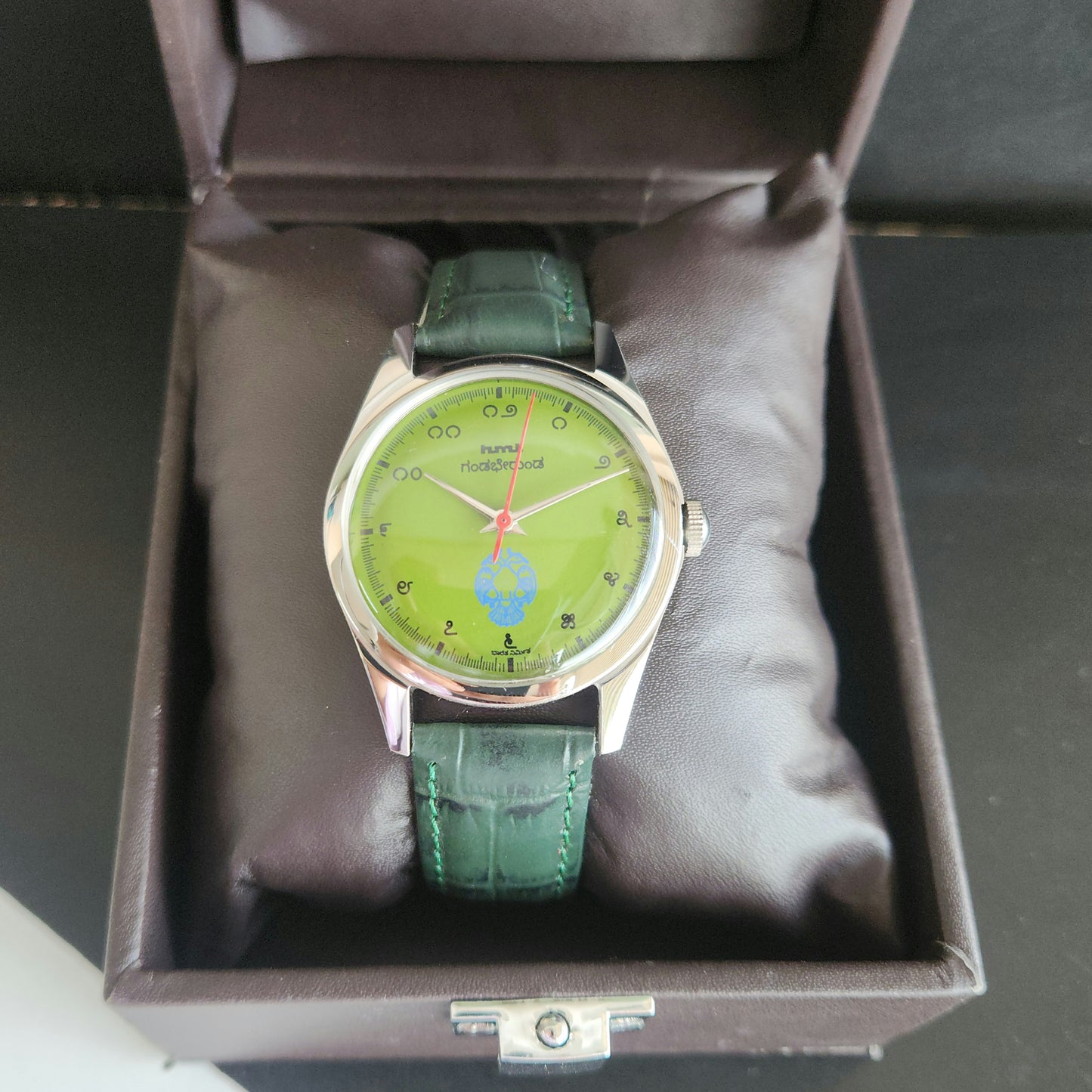 Vintage MOD HMT Gandaberunda Hand Winding 17 Jewels Green Face Green Leather Strap Men's Wrist Watch J42