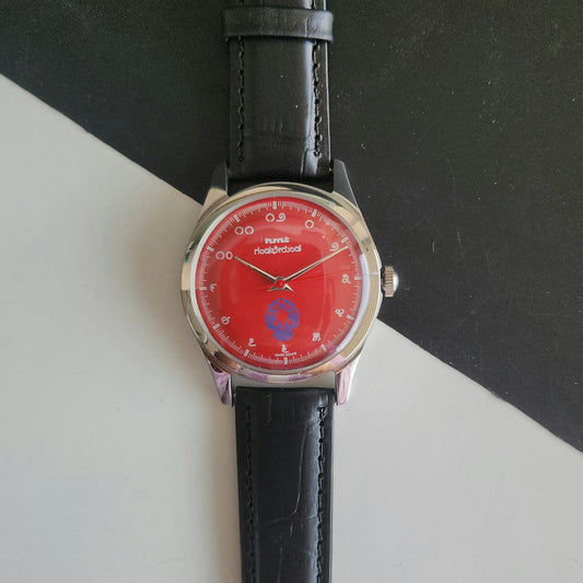 Vintage MOD HMT Gandaberunda Hand Winding 17 Jewels Red Face Black Leather Strap Men's Wrist Watch J44