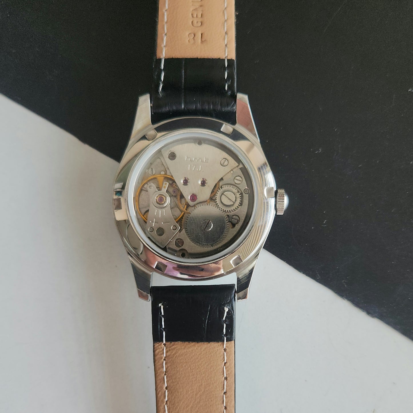 Vintage MOD HMT Janata Bangla Hand Winding 17 Jewels Black Face Black Leather Strap Men's Wrist Watch J33