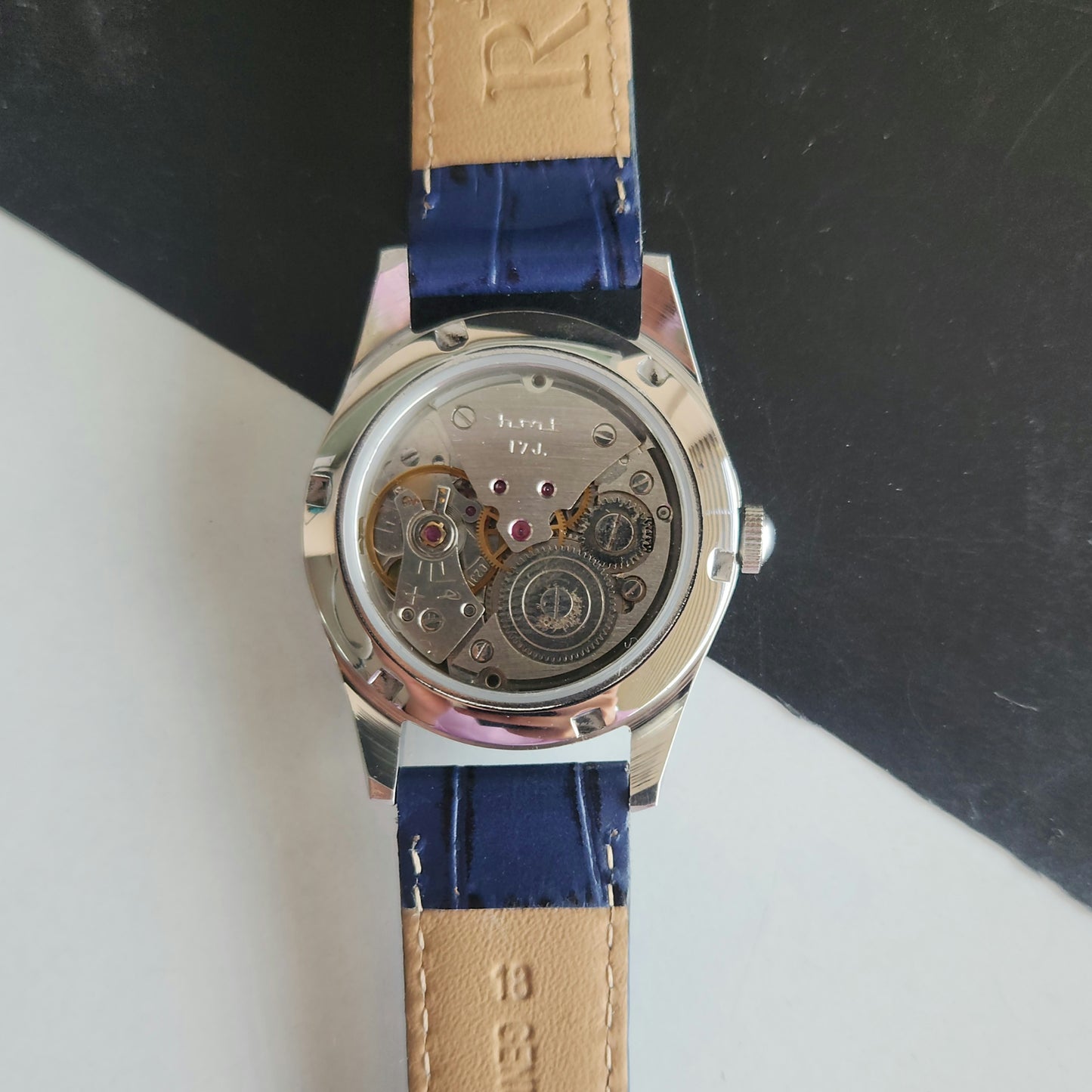 Vintage MOD HMT Janata Bangla Hand Winding 17 Jewels Blue Face Blue Leather Strap Men's Wrist Watch J35