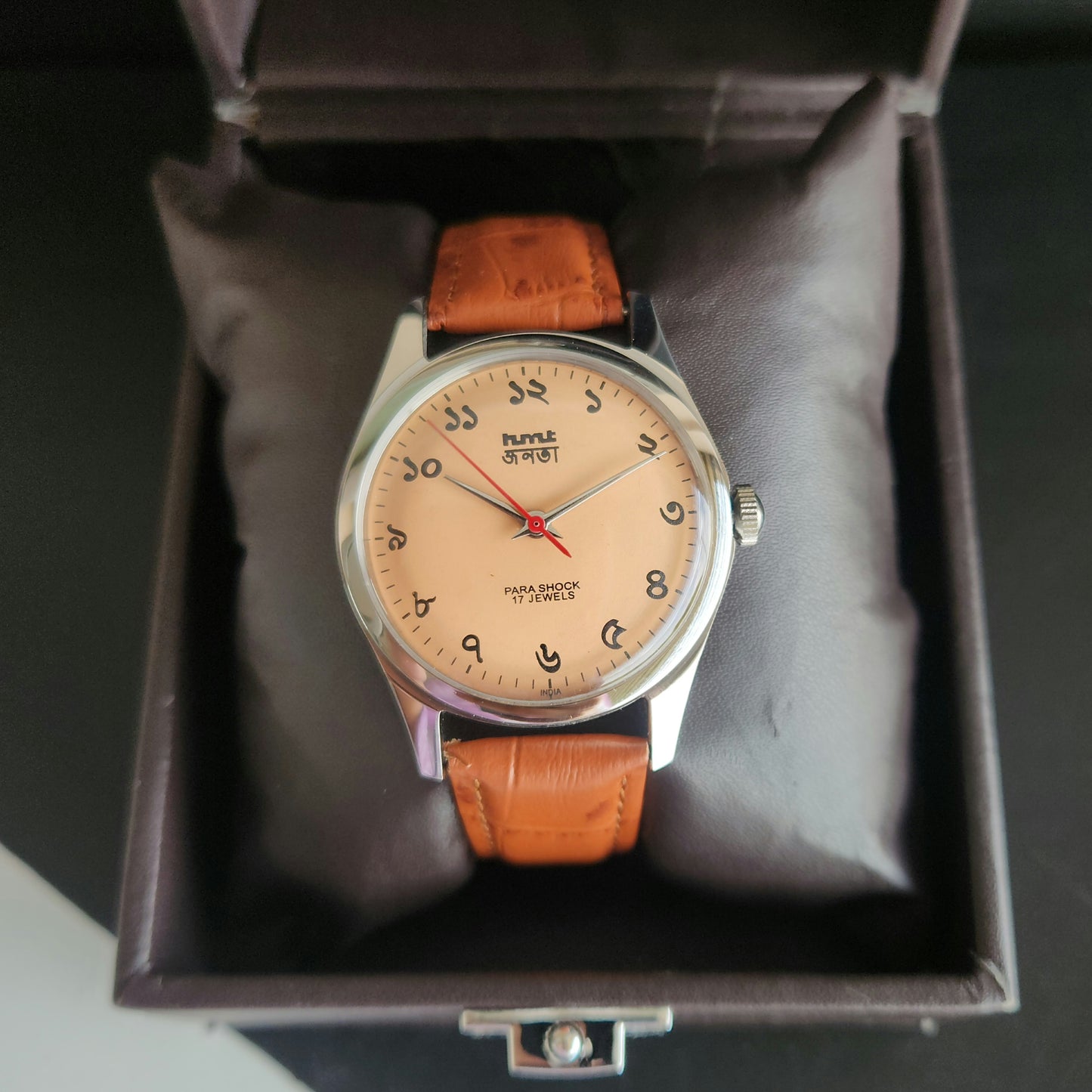 Vintage MOD HMT Janata Bangla Hand Winding 17 Jewels Peach Face Tan Leather Strap Men's Wrist Watch J36