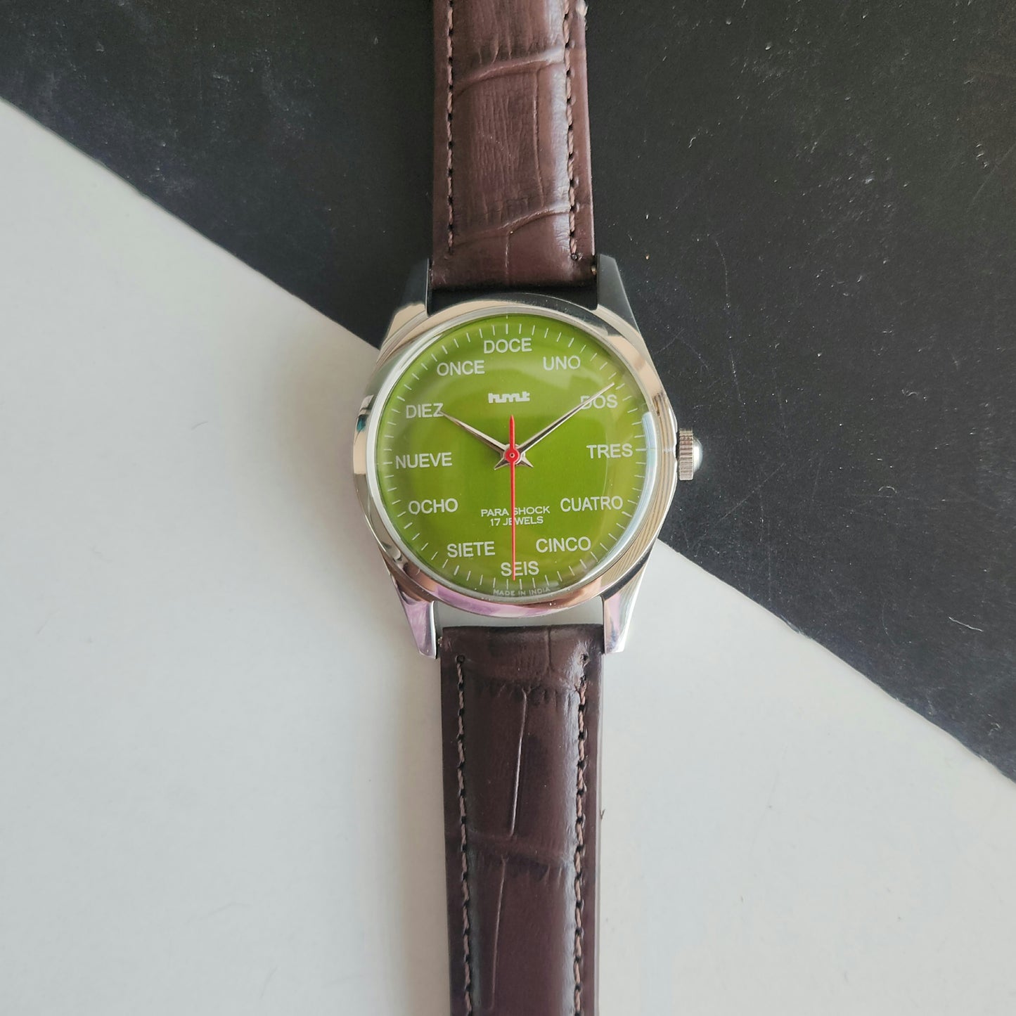 Vintage MOD HMT Spanish Hand Winding 17 Jewels Green Face Brown leather Strap Men's Wrist Watch J48