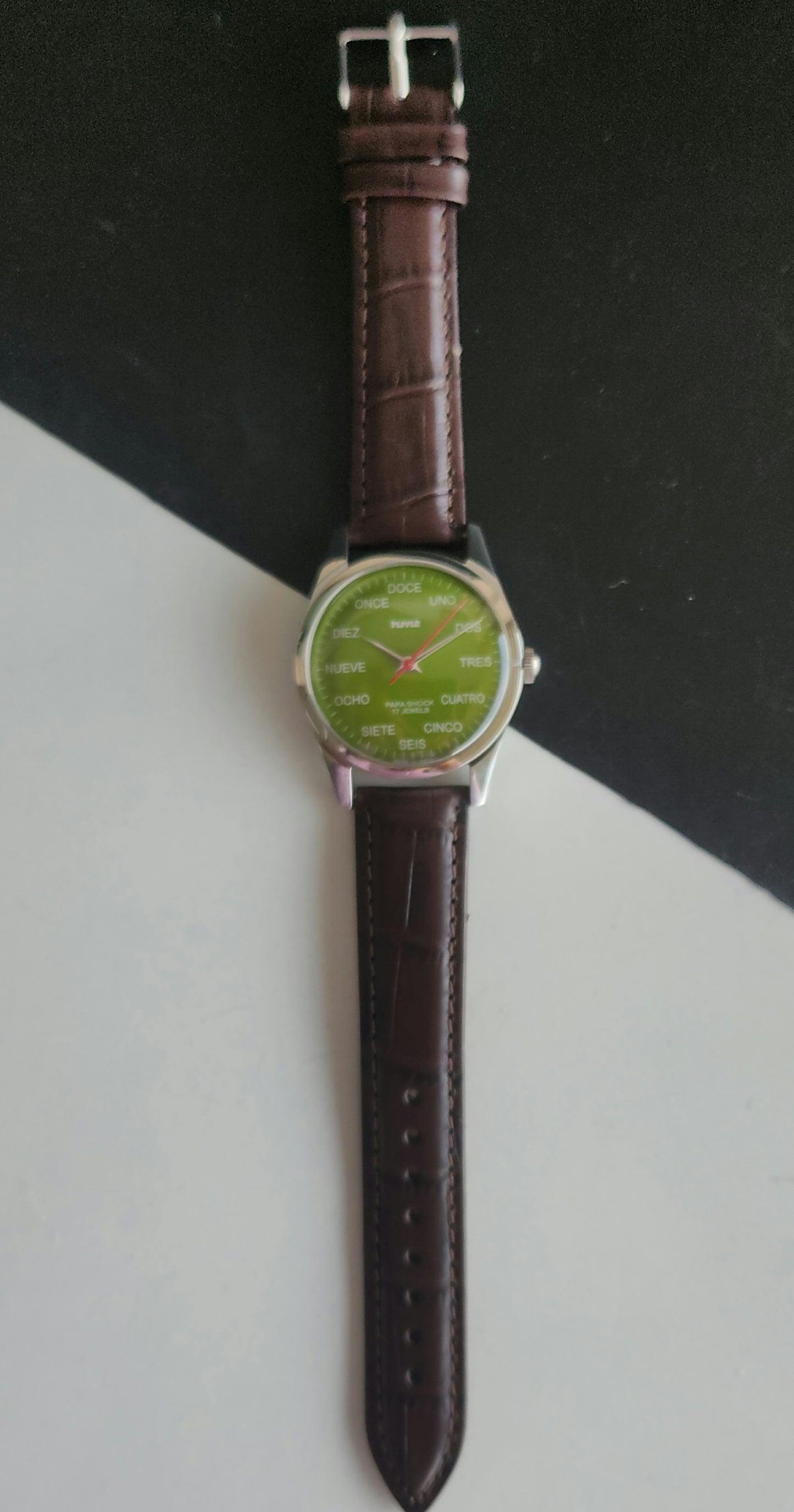 Vintage MOD HMT Spanish Hand Winding 17 Jewels Green Face Brown leather Strap Men's Wrist Watch J48