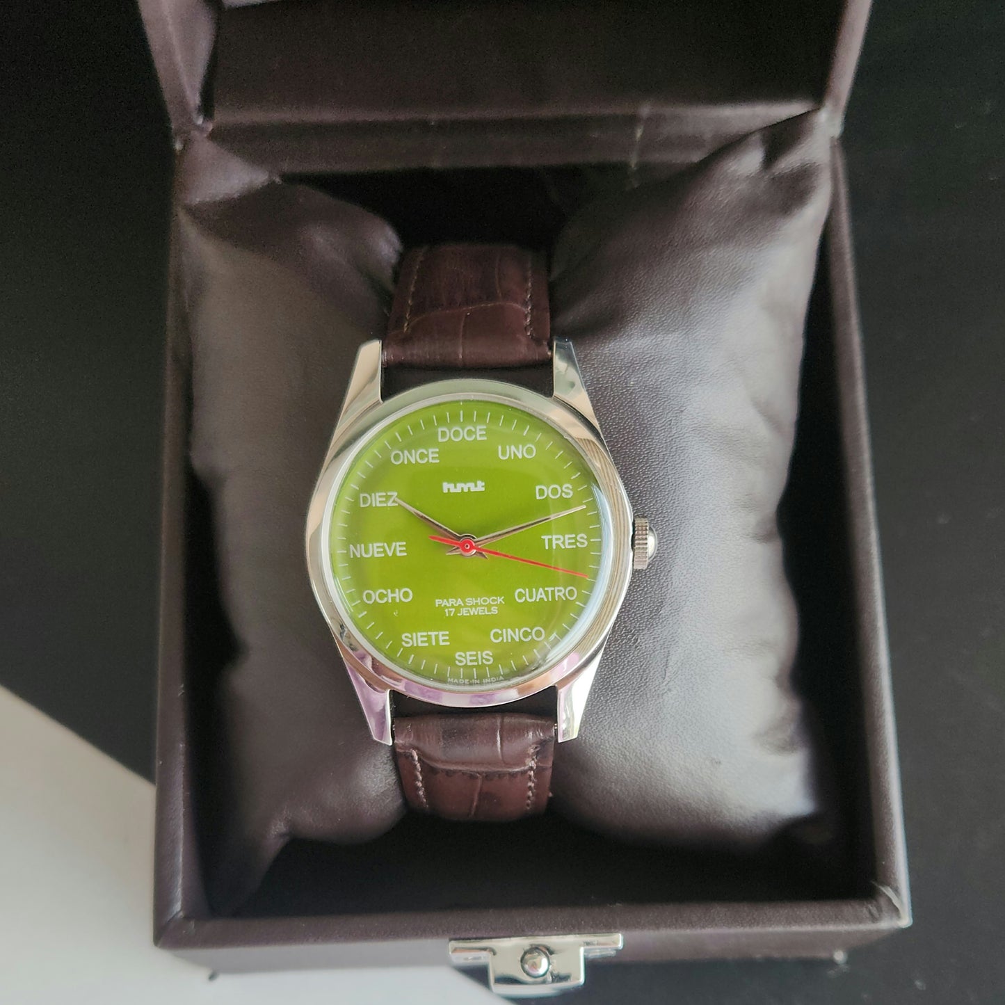Vintage MOD HMT Spanish Hand Winding 17 Jewels Green Face Brown leather Strap Men's Wrist Watch J48