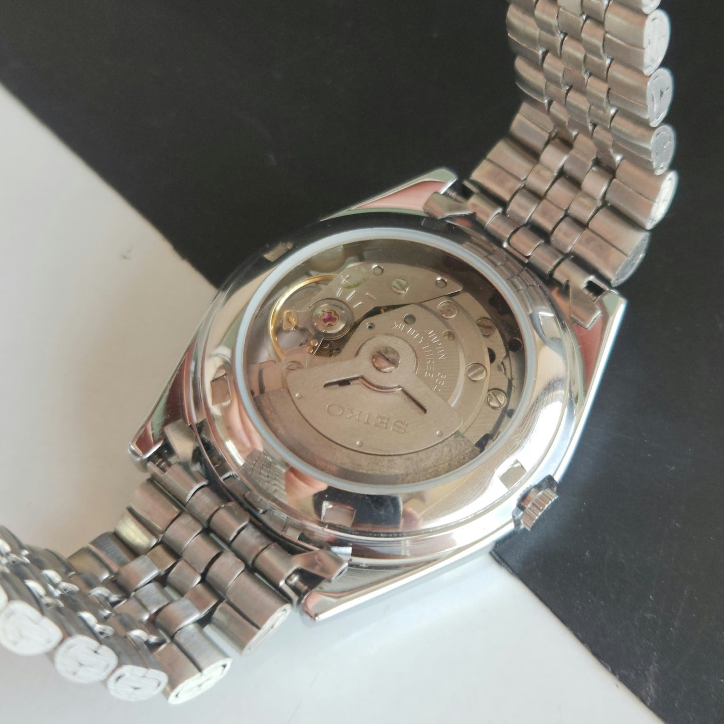 Vintage MOD Seiko 5 Automatic 23 Jewels Cal.6349 Silver Face Repainted Mickey Mouse Jubilee Bracelet Men's Wrist Watch J52