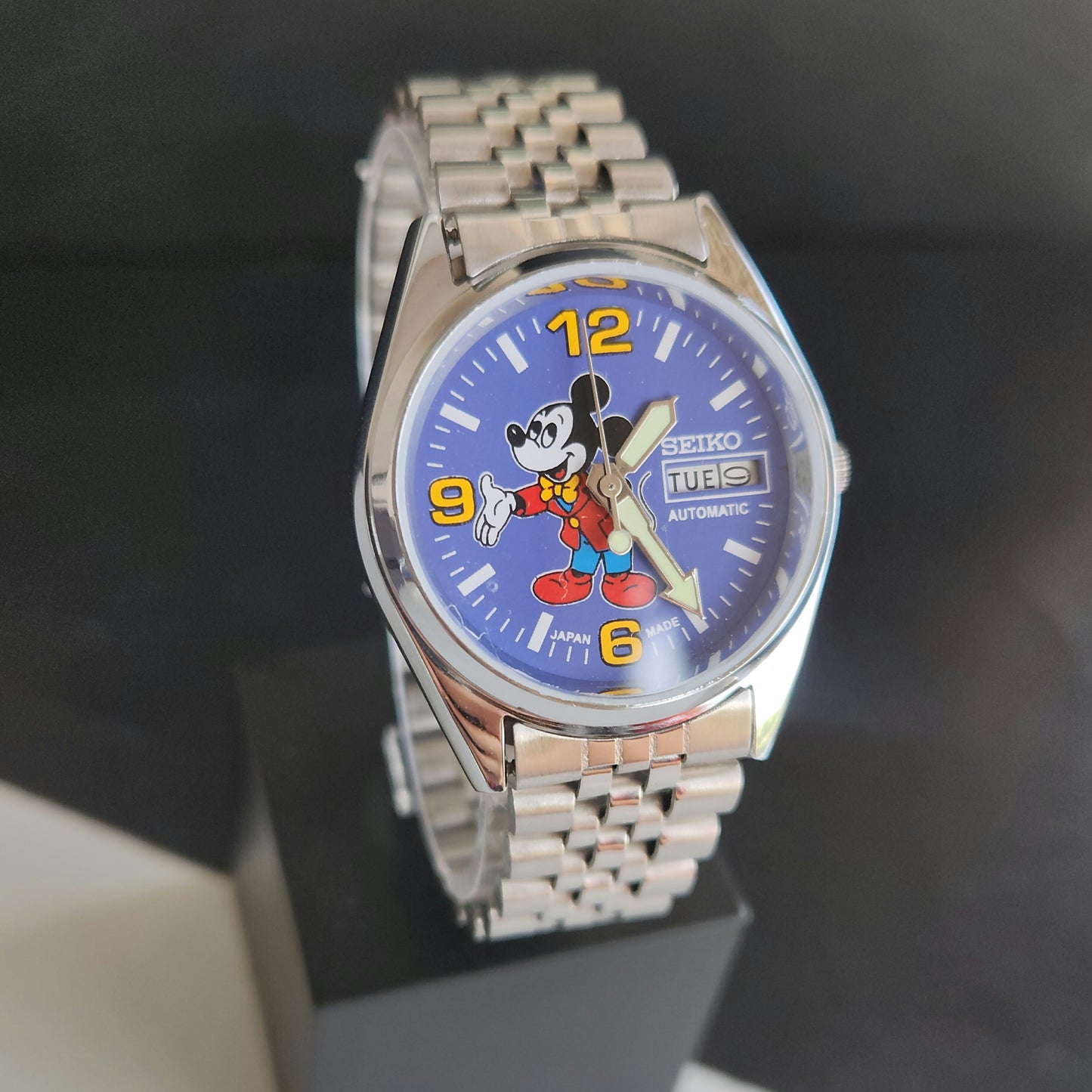 Vintage MOD Seiko 5 Automatic 23 Jewels Cal.6349 Sillver Face Repainted Mickey Mouse Jubilee Bracelet Men's Wrist Watch J53