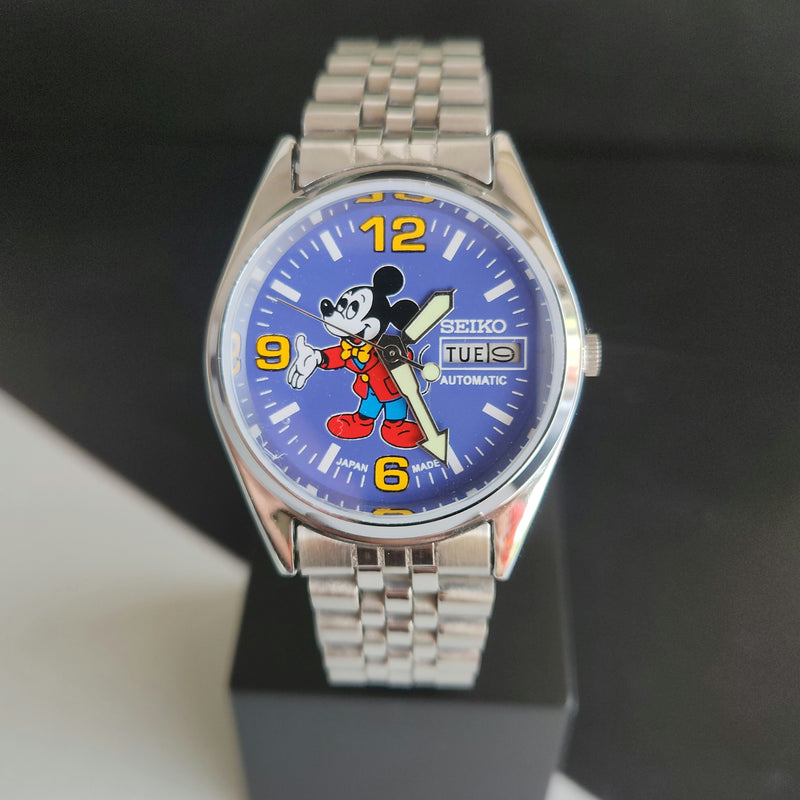 Vintage MOD Seiko 5 Automatic 23 Jewels Cal.6349 Sillver Face Repainted Mickey Mouse Jubilee Bracelet Men's Wrist Watch J53