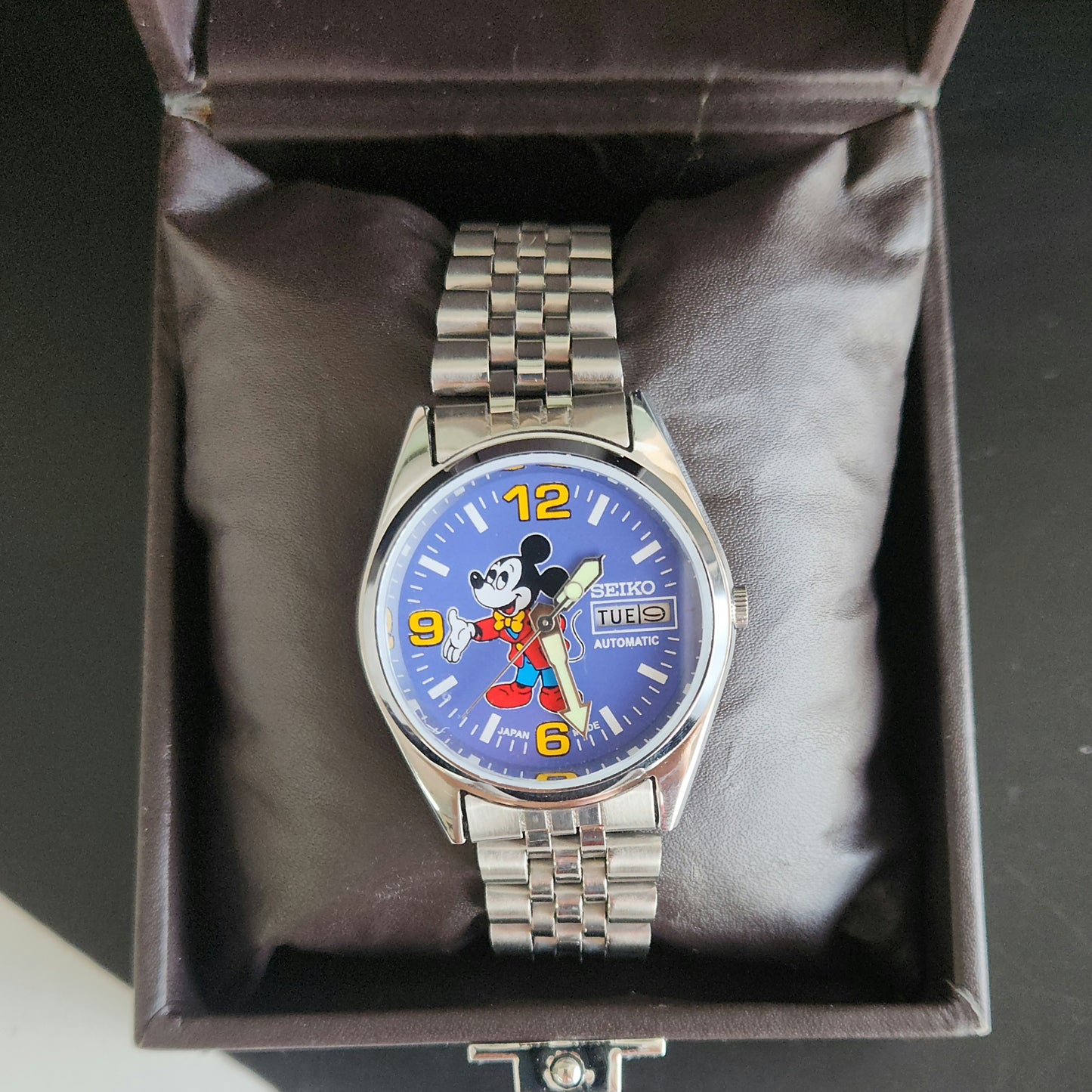 Vintage MOD Seiko 5 Automatic 23 Jewels Cal.6349 Sillver Face Repainted Mickey Mouse Jubilee Bracelet Men's Wrist Watch J53