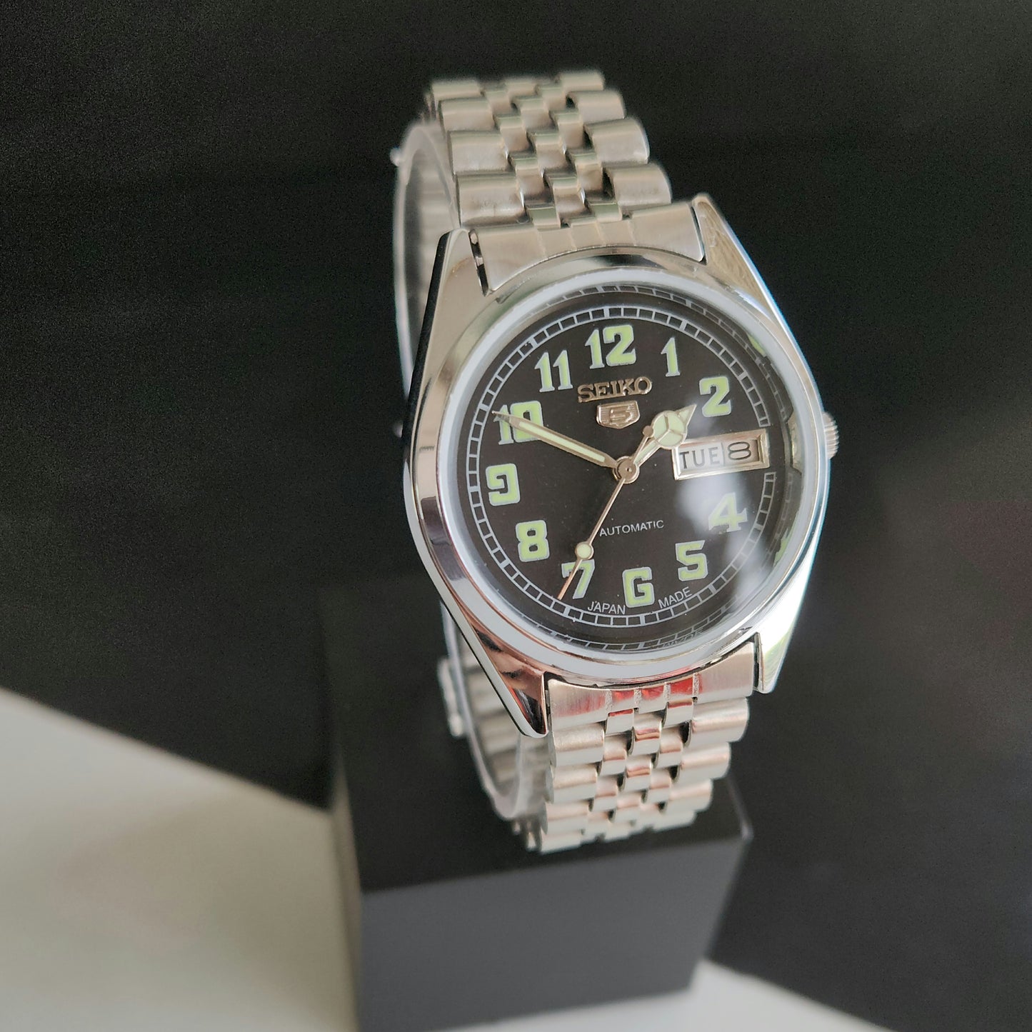 Vintage MOD Seiko 5 Automatic 17 Jewels Cal.6309 Black Face Jubilee Bracelet Men's Wrist Watch J61