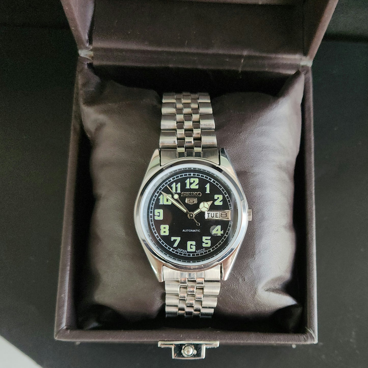 Vintage MOD Seiko 5 Automatic 17 Jewels Cal.6309 Black Face Jubilee Bracelet Men's Wrist Watch J61