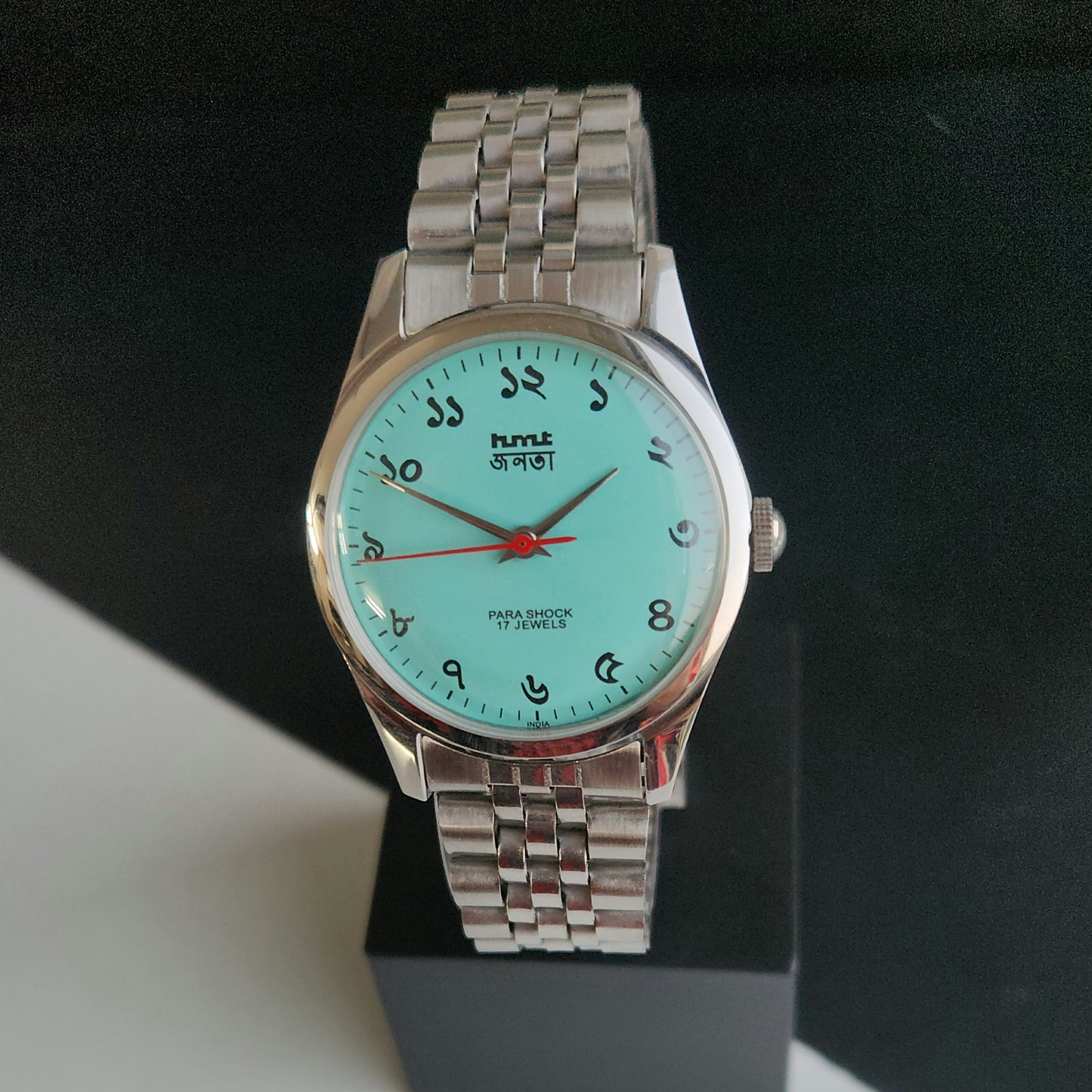 Vintage MOD HMT Janata Bangla Hand Winding 17 Jewels Tiffany Blue Face Black Leather Strap Men's Wrist Watch J31