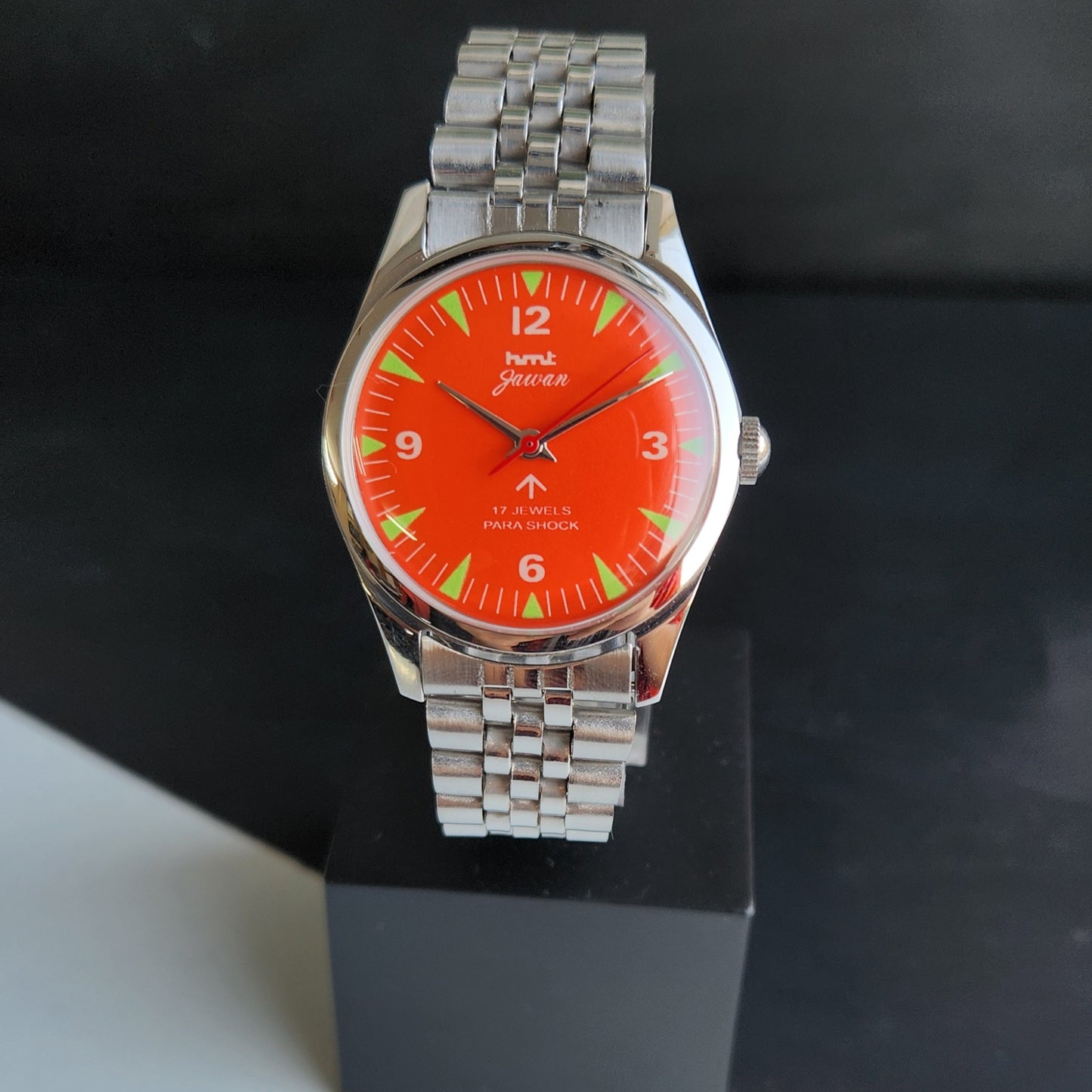 Vintage HMT Jawan Hand Winding 17 Jewels Orange Face Black Leather Strap Men's Wrist Watch J39