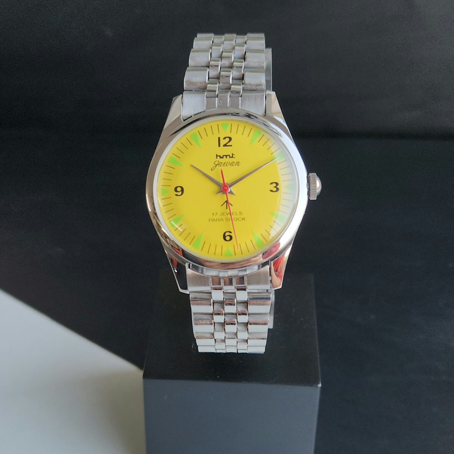 Vintage HMT Jawan Hand Winding 17 Jewels Yellow Face Black Leather Strap Men's Wrist Watch J40