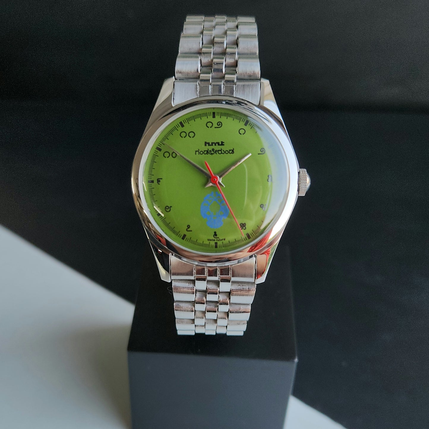 Vintage MOD HMT Gandaberunda Hand Winding 17 Jewels Green Face Green Leather Strap Men's Wrist Watch J42