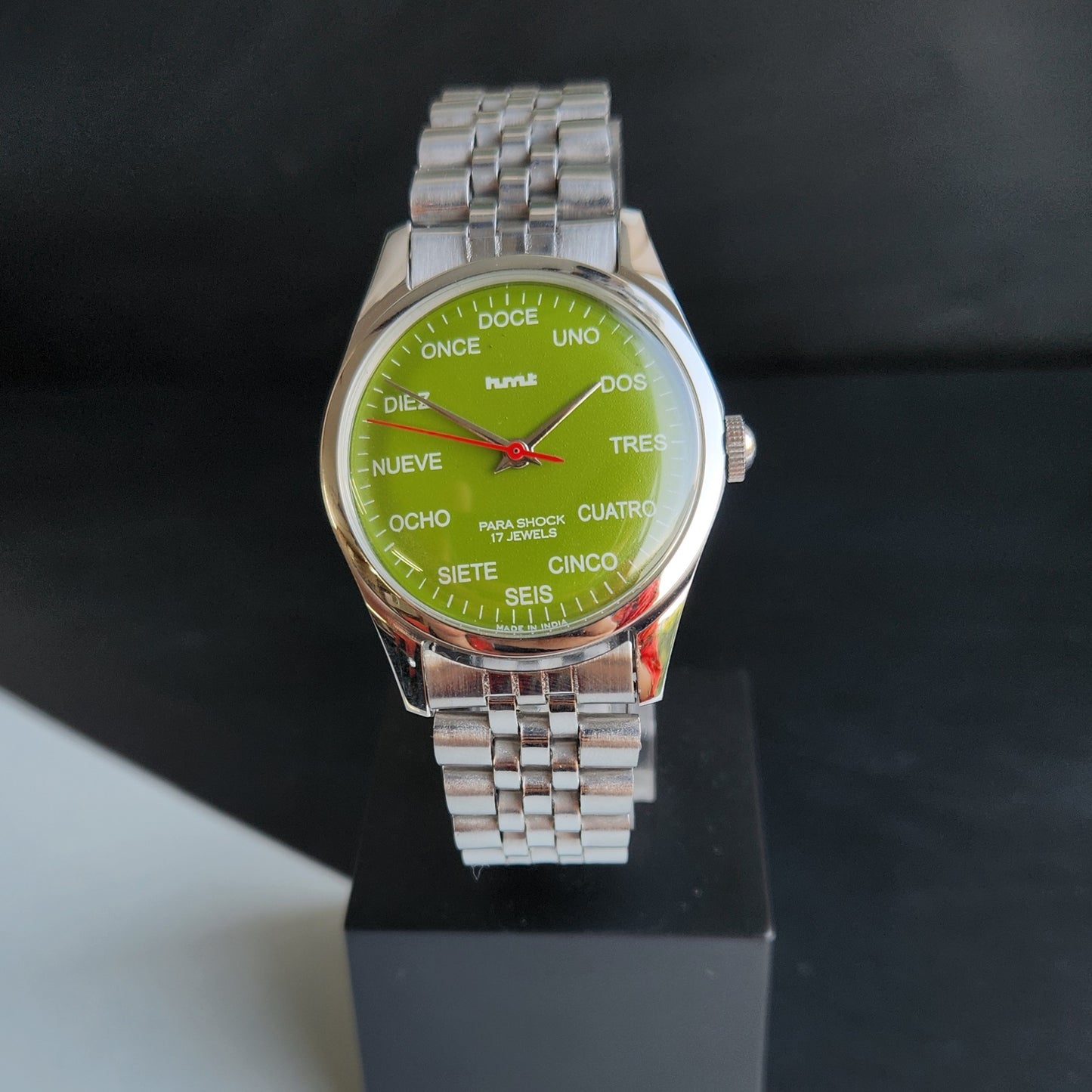 Vintage MOD HMT Spanish Hand Winding 17 Jewels Green Face Brown leather Strap Men's Wrist Watch J48