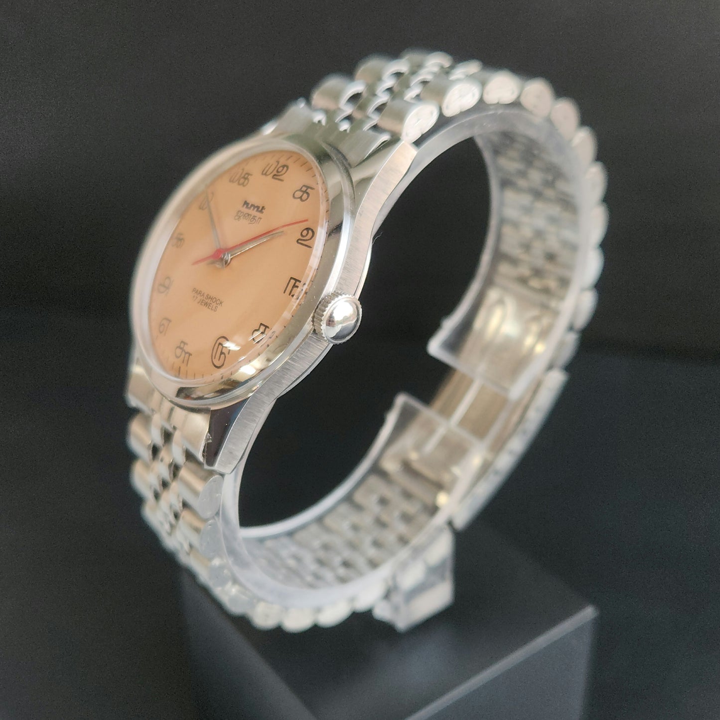 Vintage MOD HMT Janata Tamil Hand Winding 17 Jewels Peach 35mm Silver Case With Bracelet Men's Wrist Watch J76