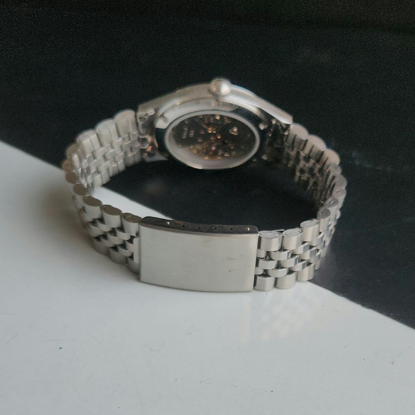 Vintage MOD HMT Janata Tamil Hand Winding 17 Jewels Peach 35mm Silver Case With Bracelet Men's Wrist Watch J76