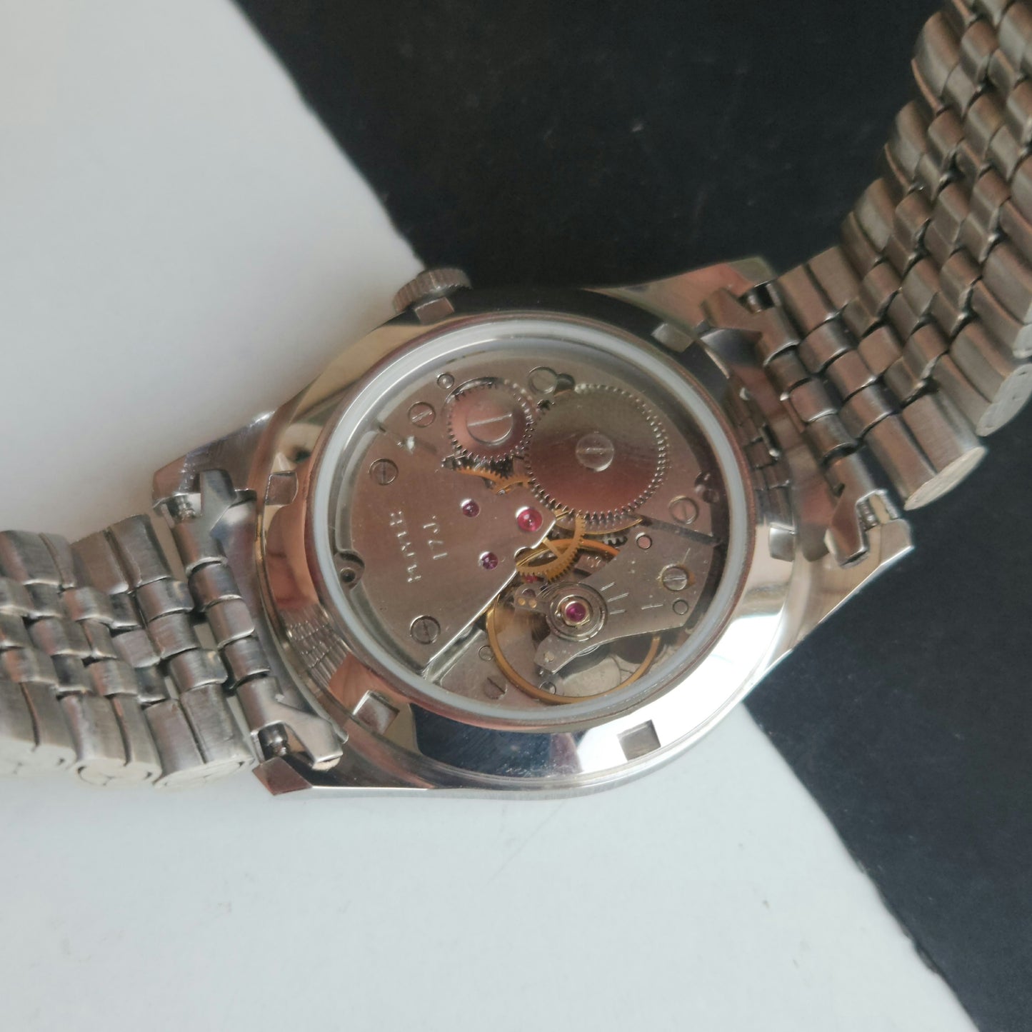 Vintage MOD HMT Janata Tamil Hand Winding 17 Jewels Peach 35mm Silver Case With Bracelet Men's Wrist Watch J76