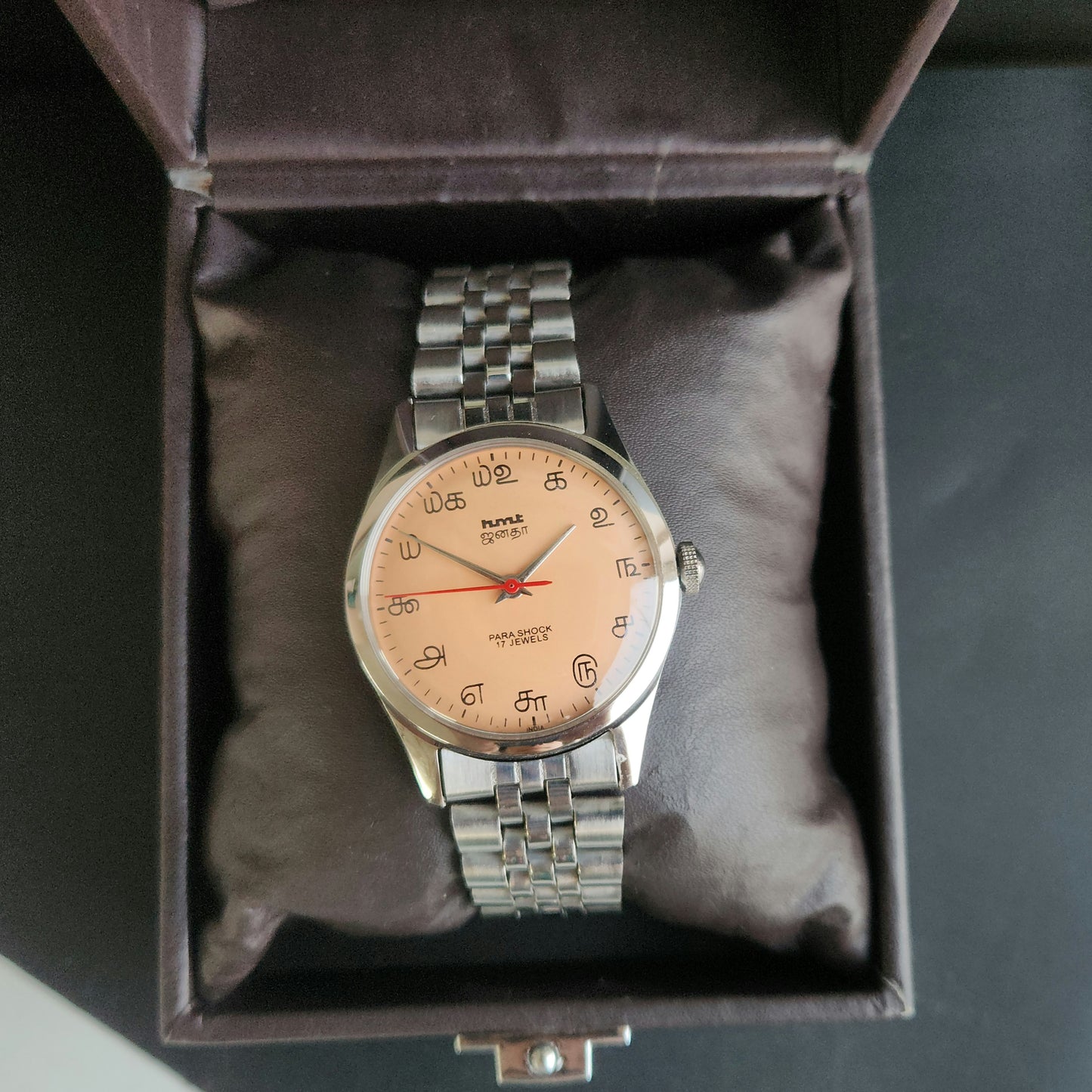 Vintage MOD HMT Janata Tamil Hand Winding 17 Jewels Peach 35mm Silver Case With Bracelet Men's Wrist Watch J76