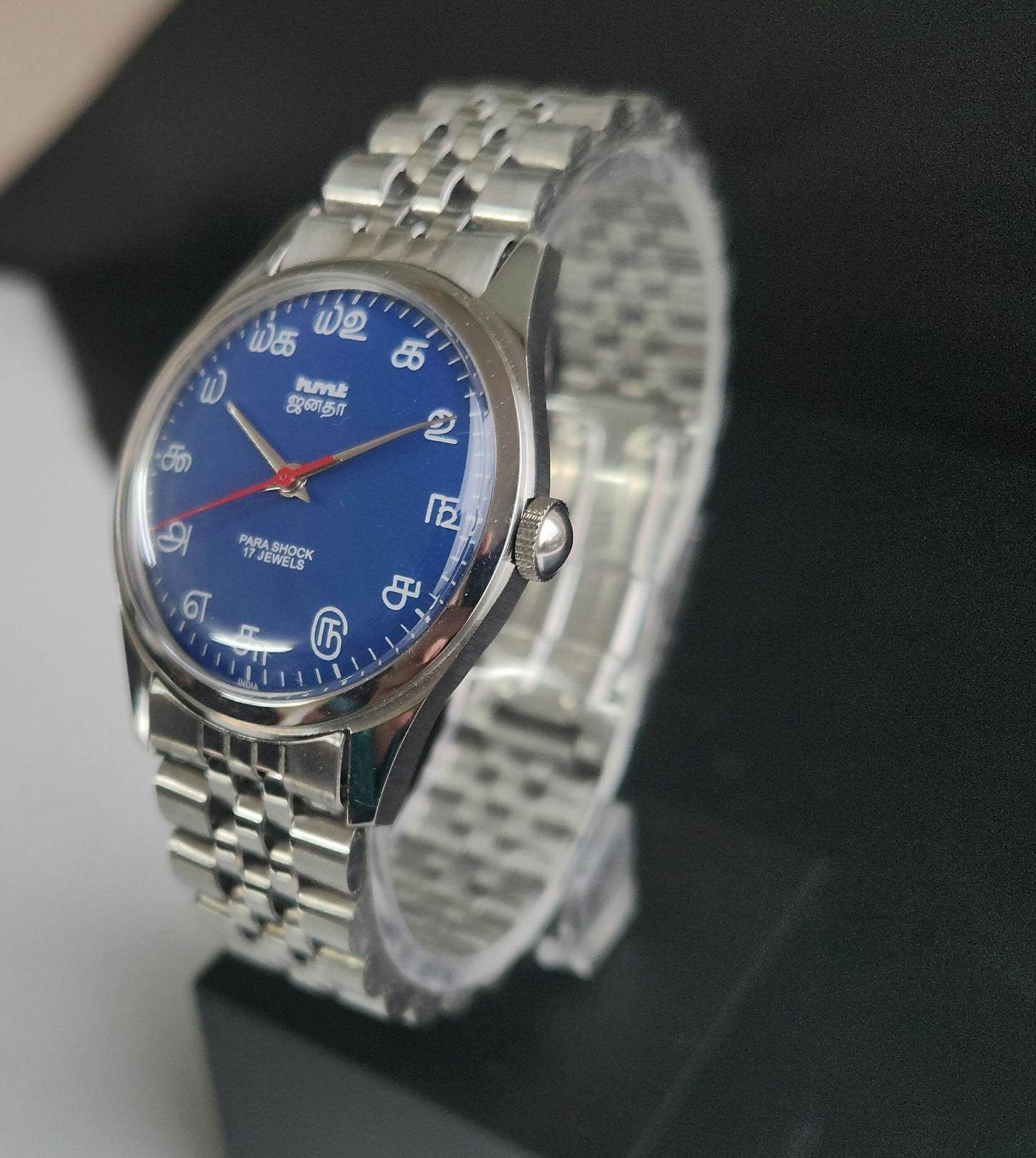Vintage MOD HMT Janata Tamil Hand Winding 17 Jewels Blue 35mm Silver Case With Bracelet Men's Wrist Watch J74