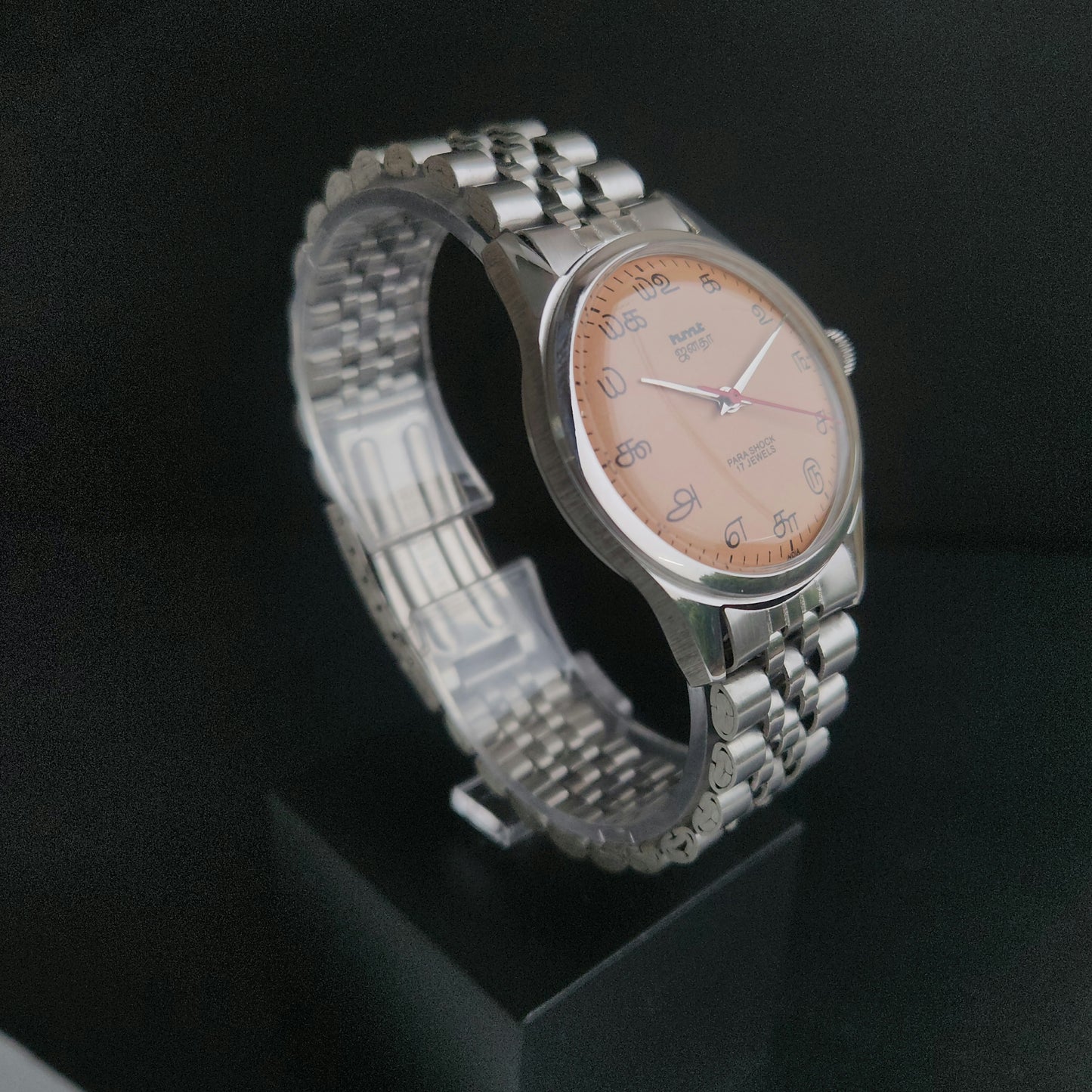 Vintage MOD HMT Janata Tamil Hand Winding 17 Jewels Peach 35mm Silver Case With Bracelet Men's Wrist Watch J76