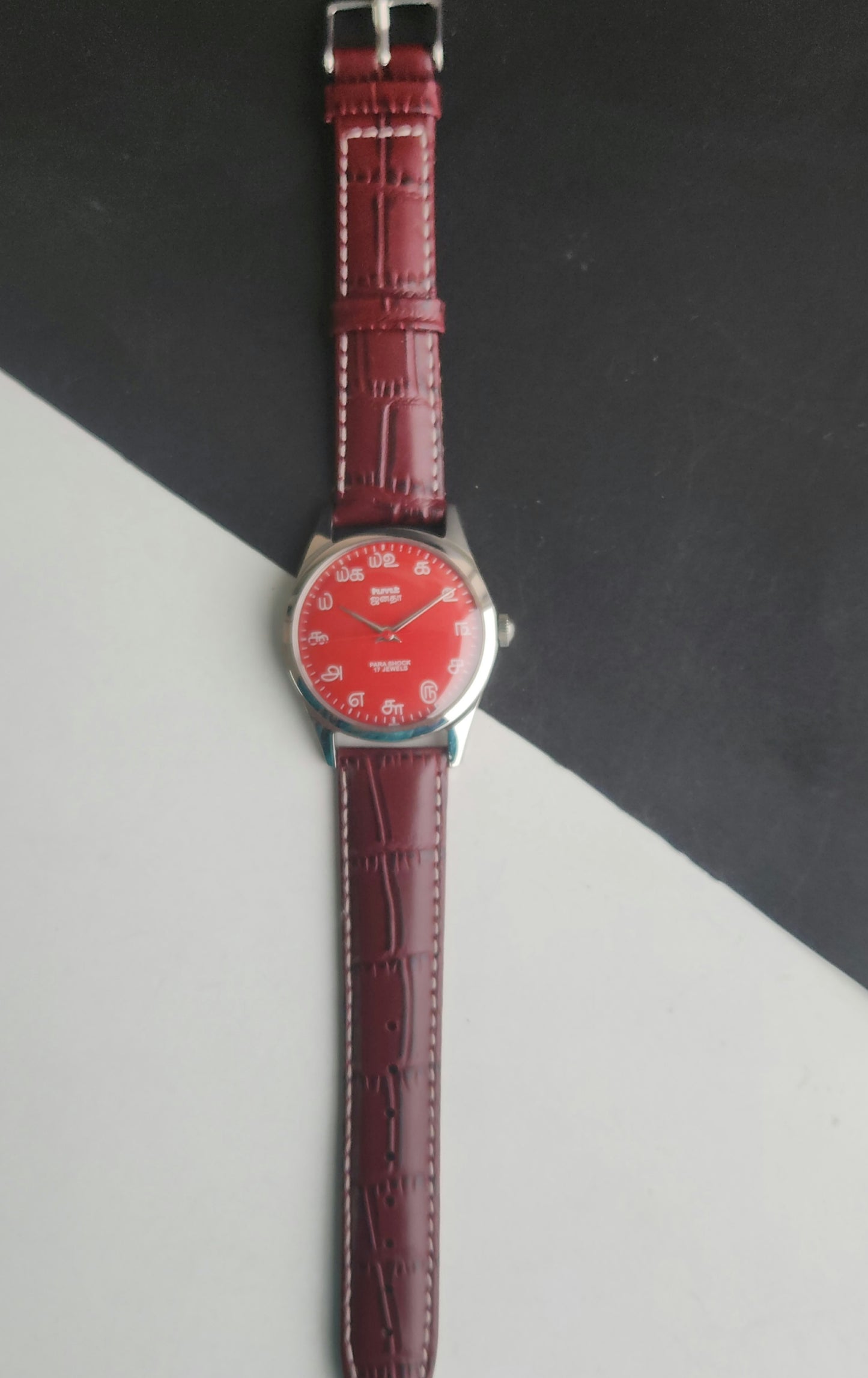 Vintage MOD HMT Janata Tamil Hand Winding 17 Jewels Red Face 35mm Silver Case With Cherry Leather Strap Men's Wrist Watch J78