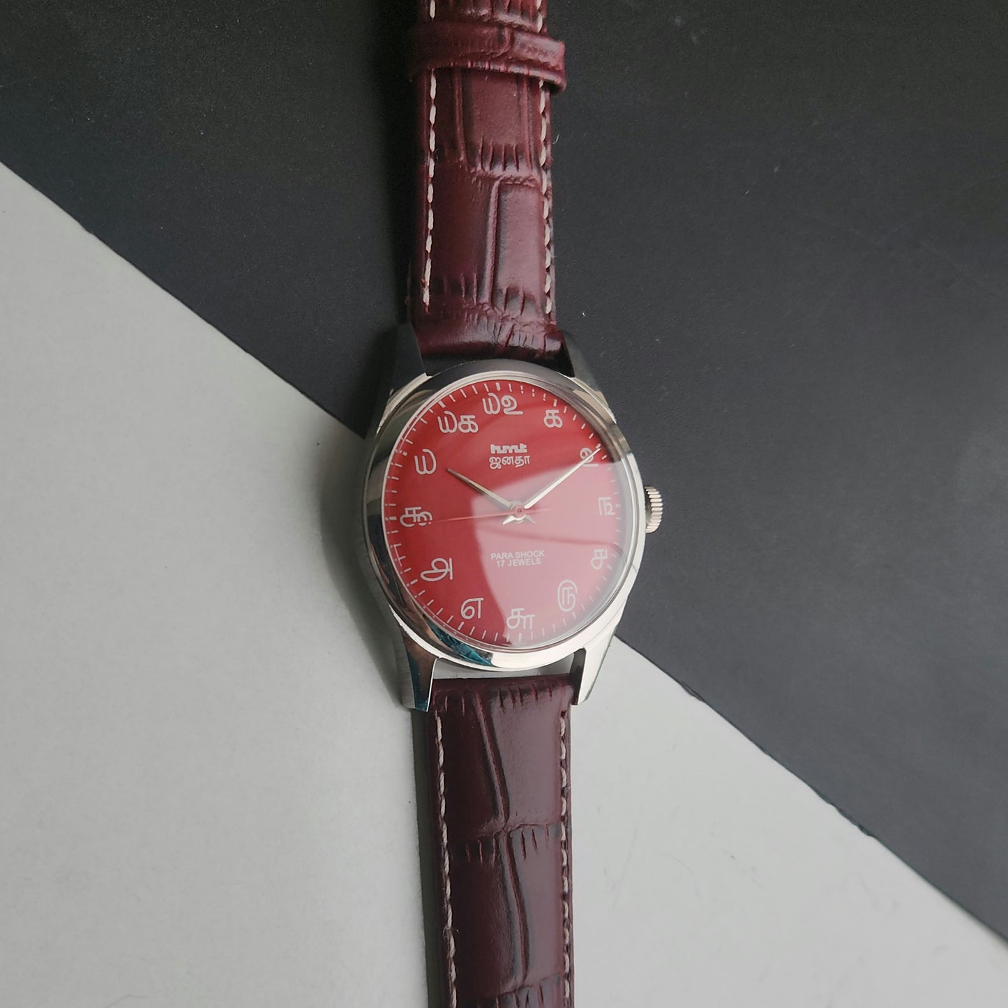 Vintage MOD HMT Janata Tamil Hand Winding 17 Jewels Red Face 35mm Silver Case With Cherry Leather Strap Men's Wrist Watch J78