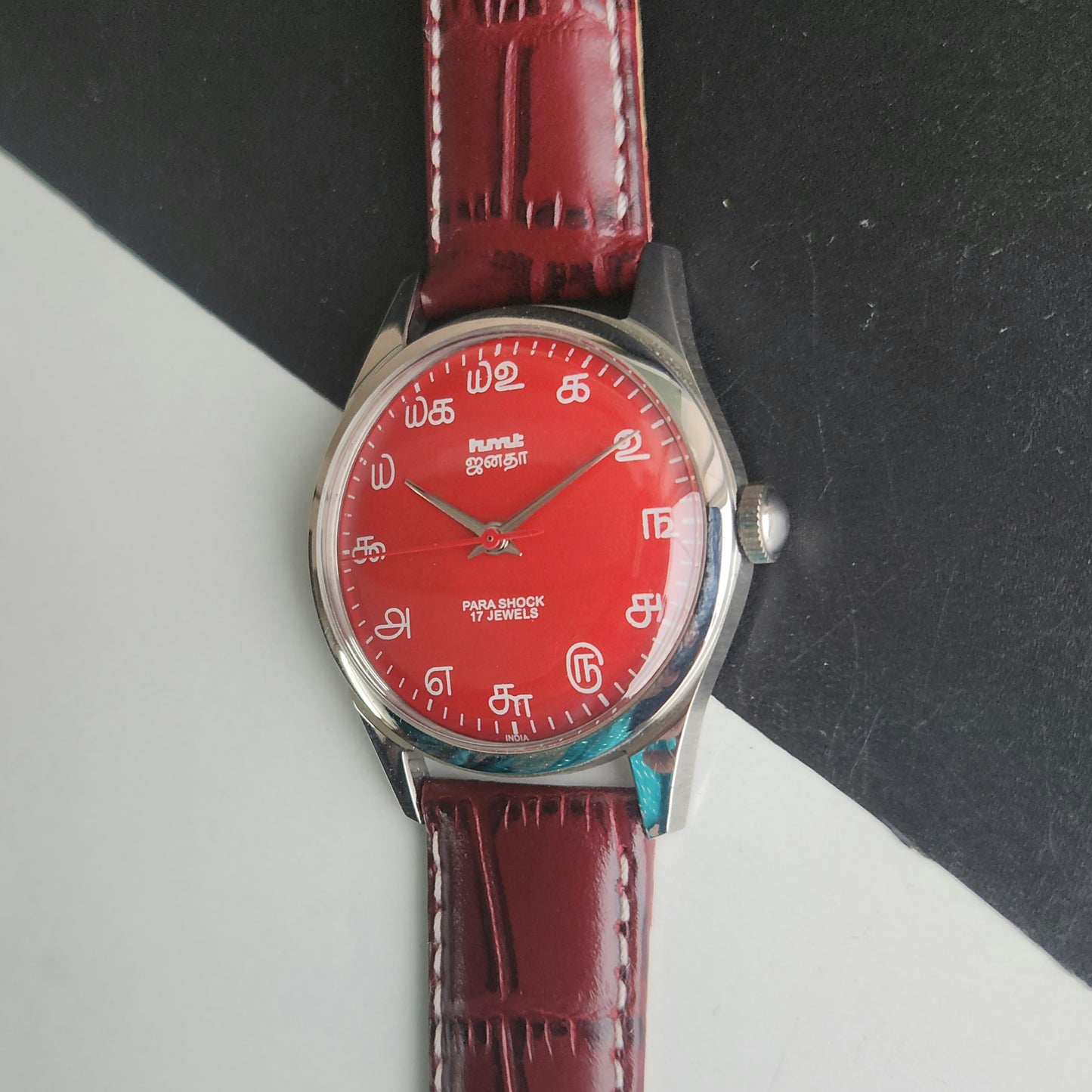 Vintage MOD HMT Janata Tamil Hand Winding 17 Jewels Red Face 35mm Silver Case With Cherry Leather Strap Men's Wrist Watch J78