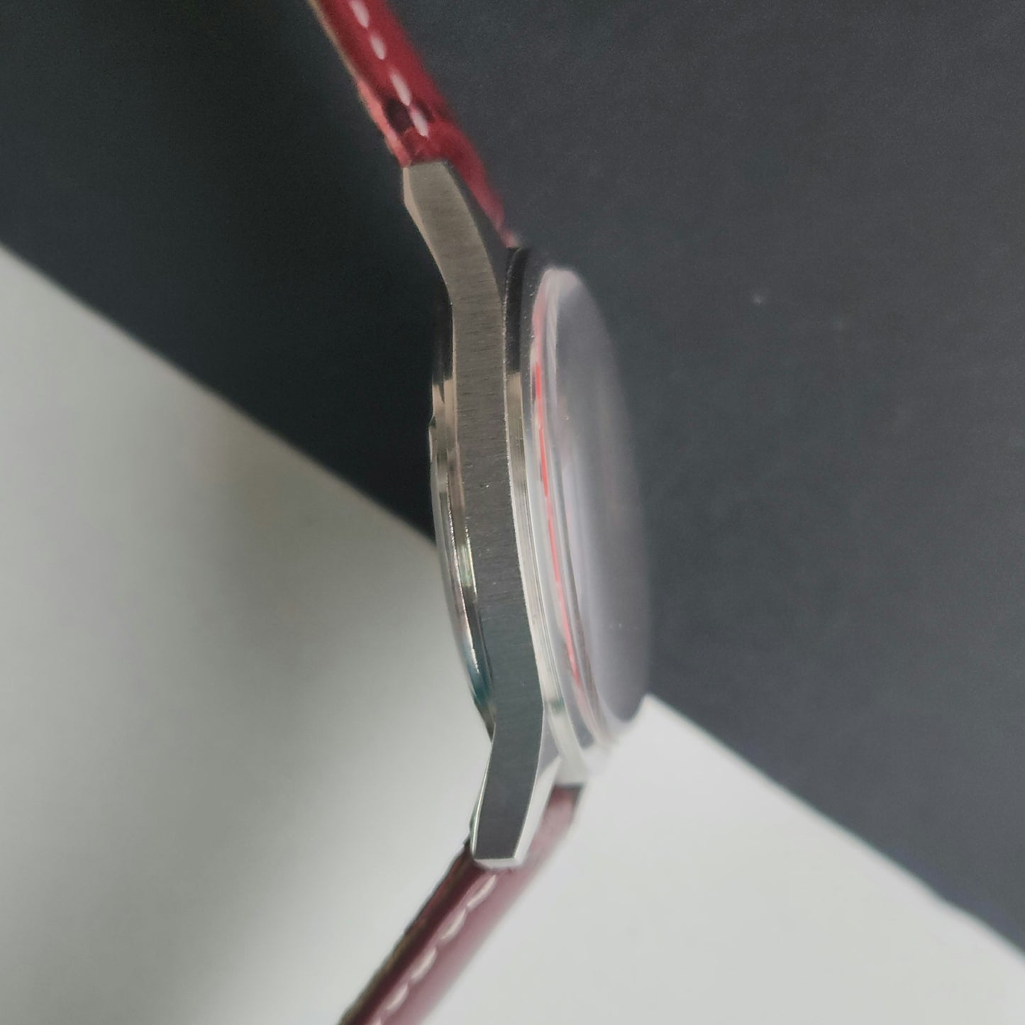 Vintage MOD HMT Janata Tamil Hand Winding 17 Jewels Red Face 35mm Silver Case With Cherry Leather Strap Men's Wrist Watch J78
