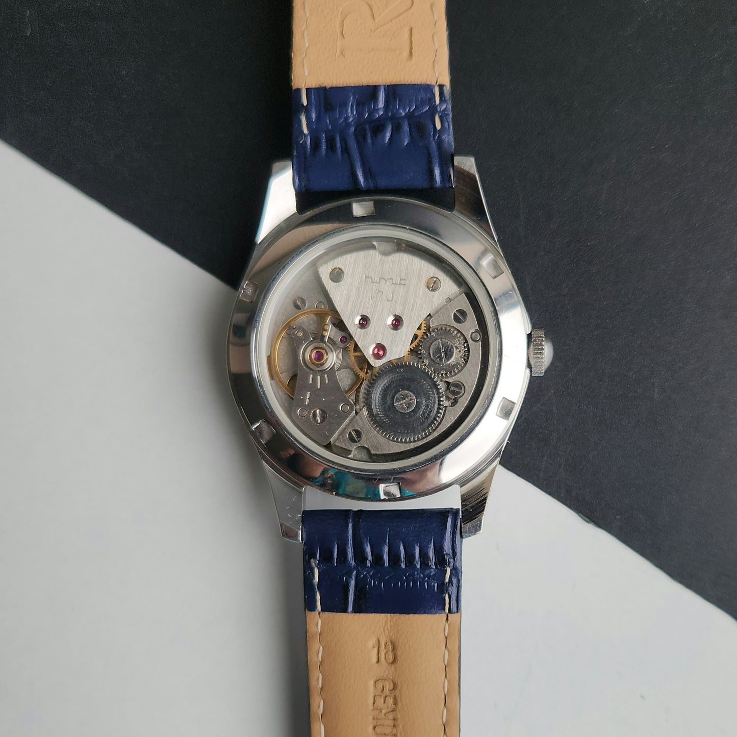 Vintage MOD HMT Janata Tamil Hand Winding 17 Jewels Blue Face 35mm Silver Case With Blue Leather Strap Men's Wrist Watch J80