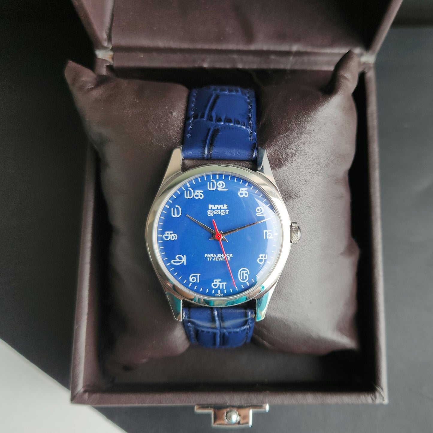Vintage MOD HMT Janata Tamil Hand Winding 17 Jewels Blue Face 35mm Silver Case With Blue Leather Strap Men's Wrist Watch J80