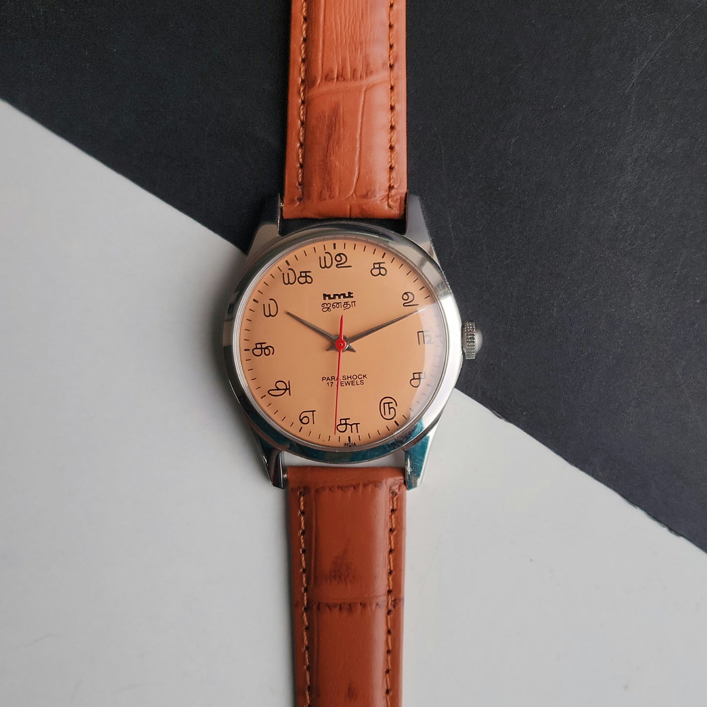 Vintage MOD HMT Janata Tamil Hand Winding 17 Jewels Peach Face 35mm Silver Case With Tan Leather Strap Men's Wrist Watch J82