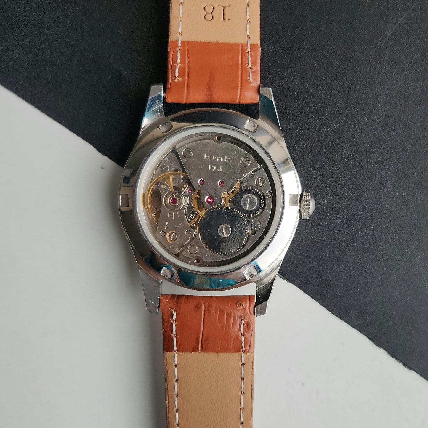 Vintage MOD HMT Janata Tamil Hand Winding 17 Jewels Peach Face 35mm Silver Case With Tan Leather Strap Men's Wrist Watch J82