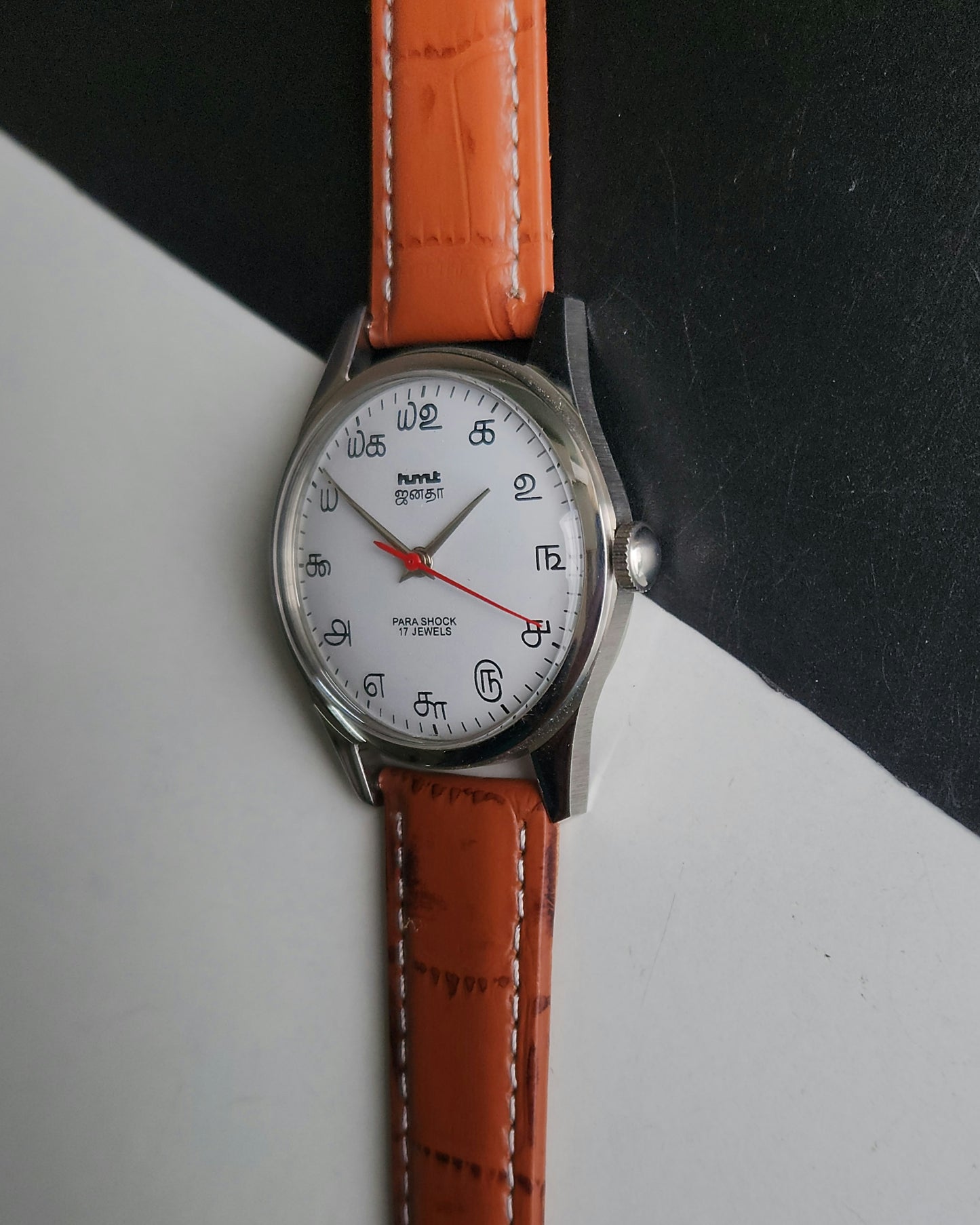 Vintage MOD HMT Janata Tamil Hand Winding 17 Jewels White Face 35mm Silver Case With Tan Leather Strap Men's Wrist Watch J83