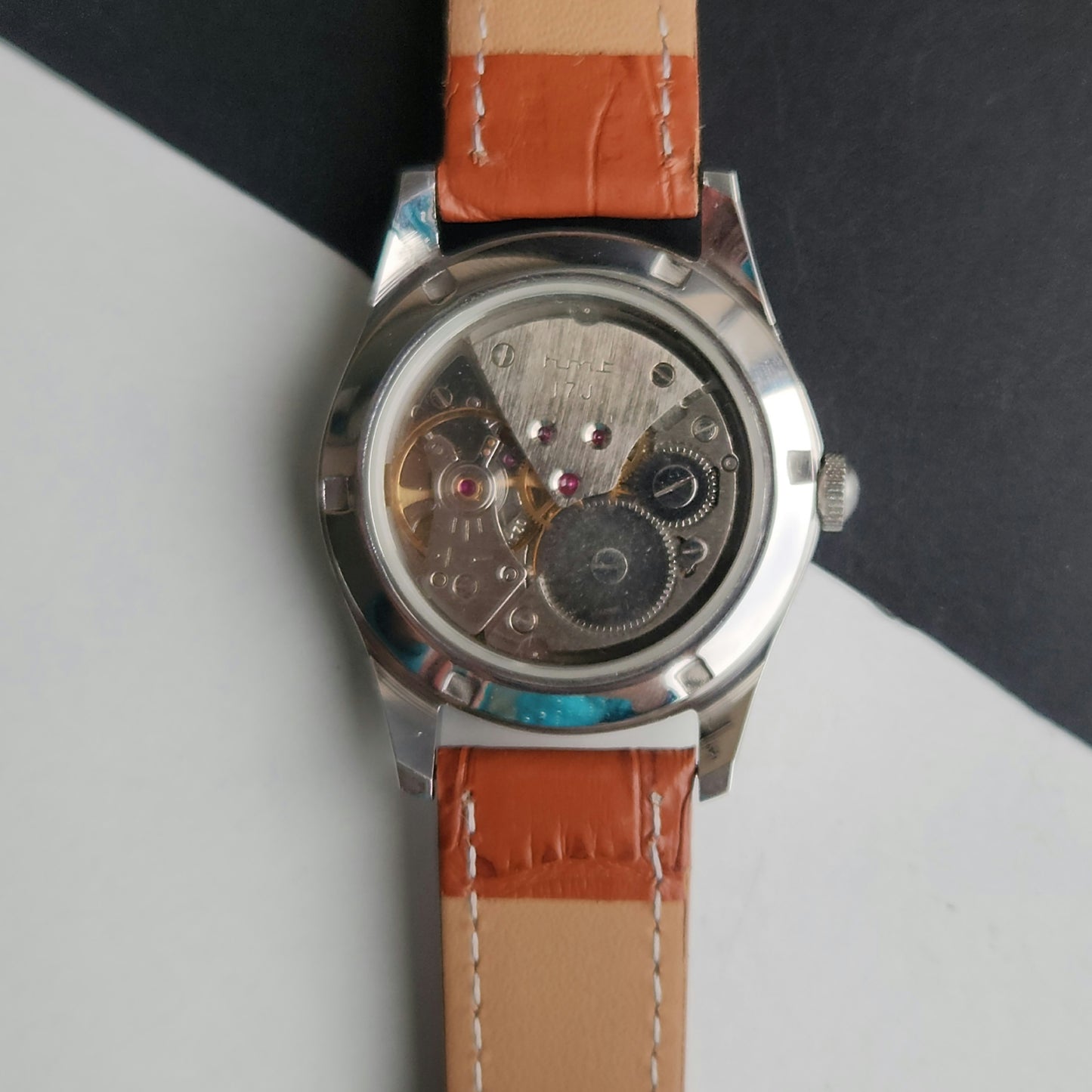 Vintage MOD HMT Janata Tamil Hand Winding 17 Jewels White Face 35mm Silver Case With Tan Leather Strap Men's Wrist Watch J83