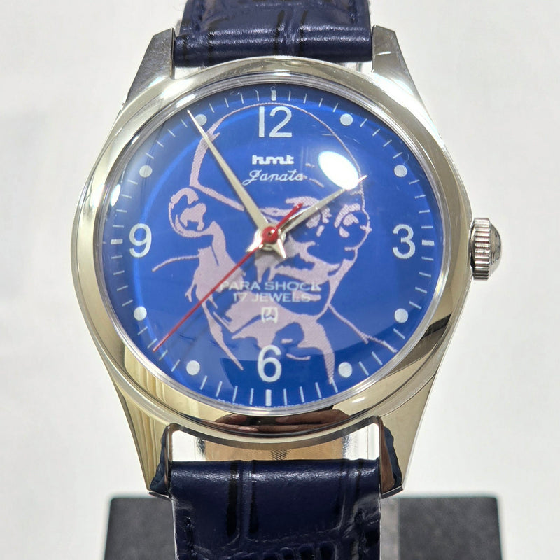Vintage MOD HMT Janata Gandhi Hand Winding 17 Jewels Blue Face Blue Leather Strap Men's Wrist Watch K20