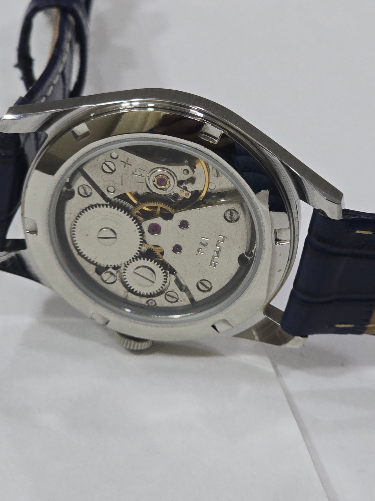 Vintage MOD HMT Janata Malayalam Hand Winding 17 Jewels Blue Face Blue Leather Strap Men's Wrist Watch K03