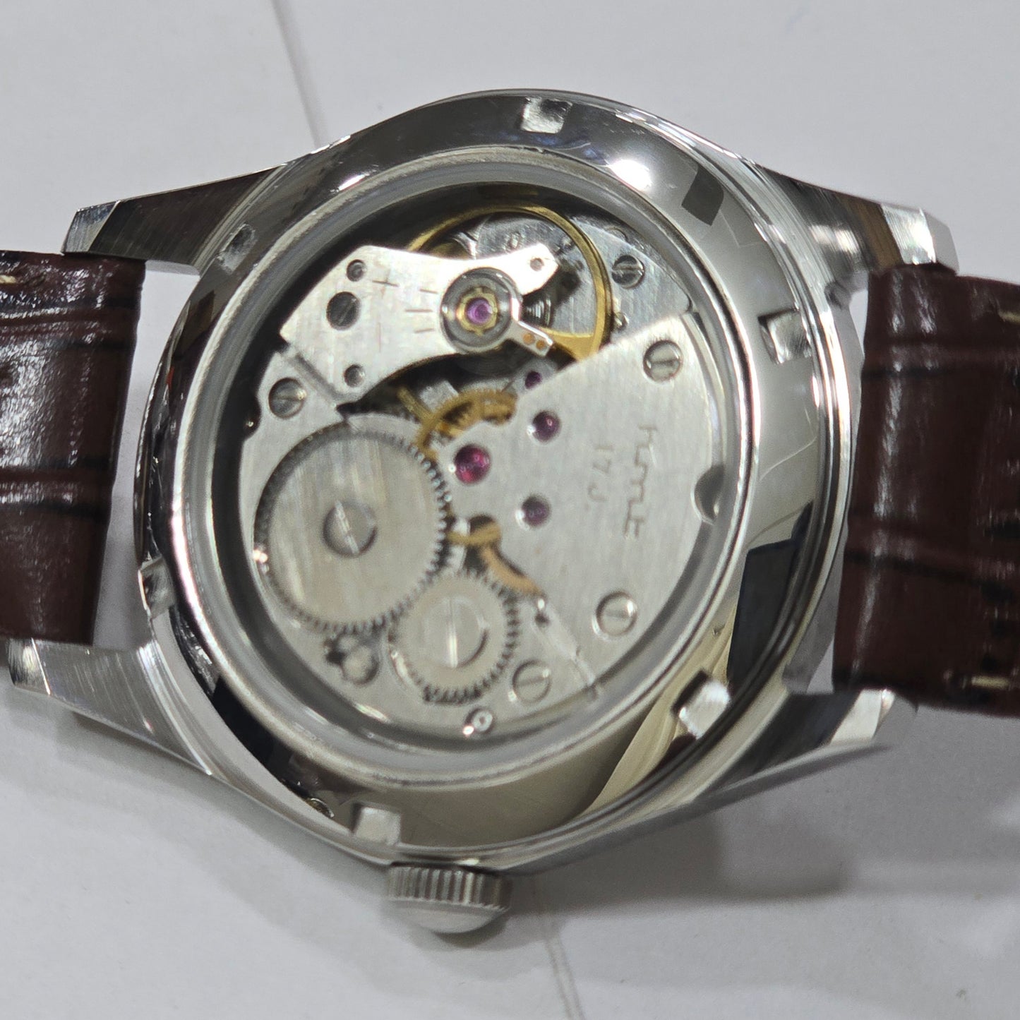Vintage MOD HMT Janata Malayalam Hand Winding 17 Jewels White Face Brown Leather Strap Men's Wrist Watch K06