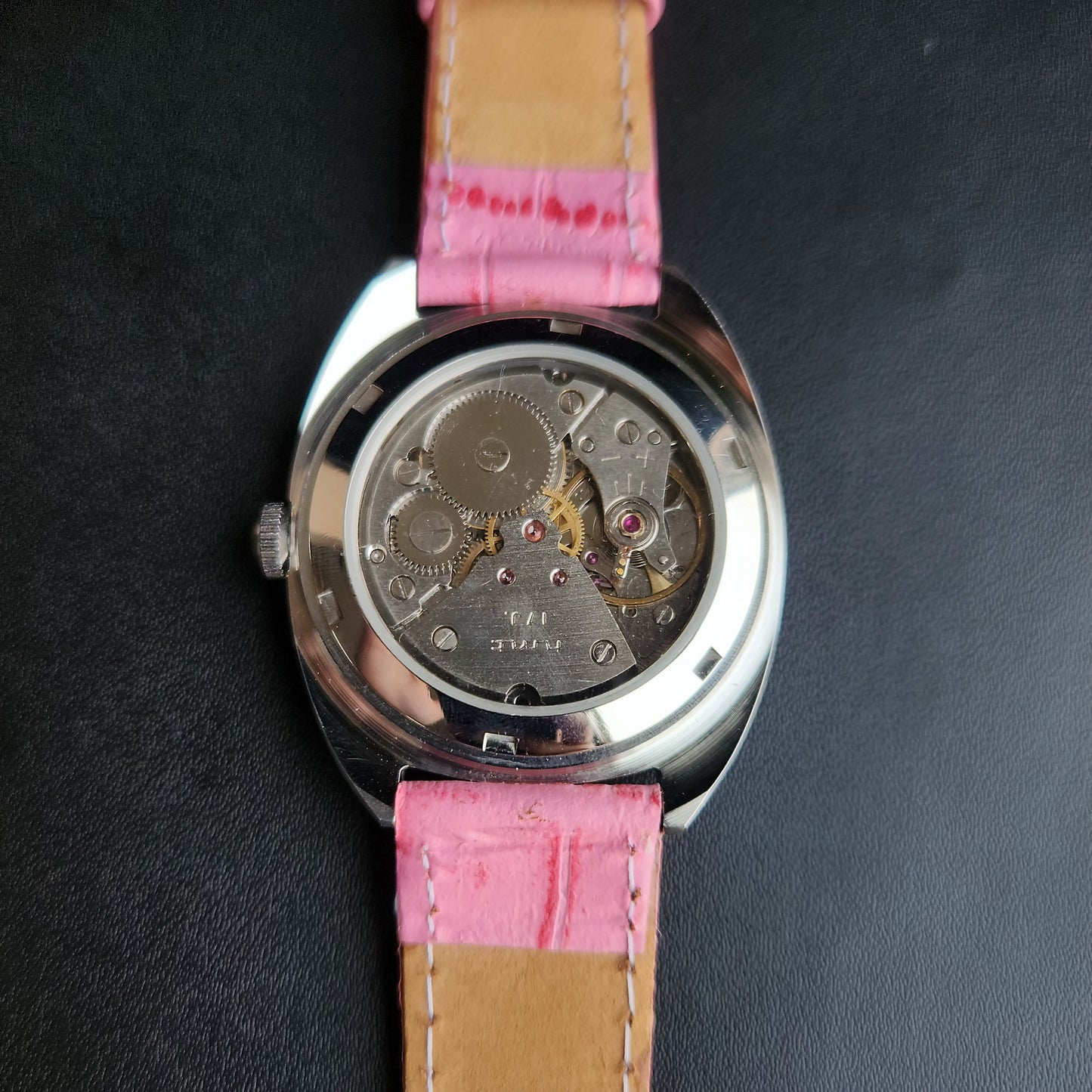 Vintage Mod HMT Kohinoor Hand Winding 17 Jewels Pink Face Pink Croco Leather Strap Men's Wrist Watch S86