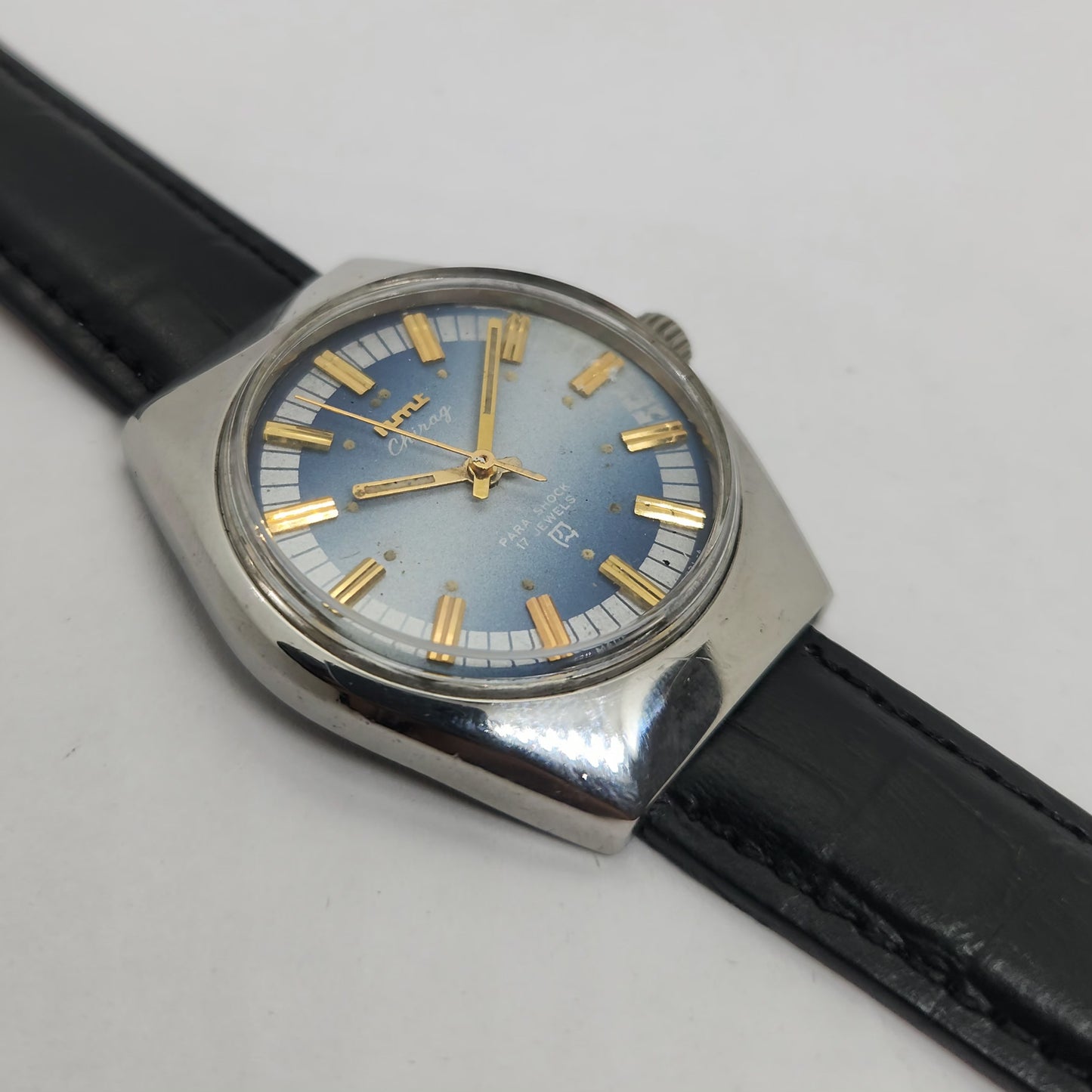 Vintage Original HMT Chirag Hand Winding 17 Jewels Blue Face Black Leather Strap Men's Wrist Watch OG179