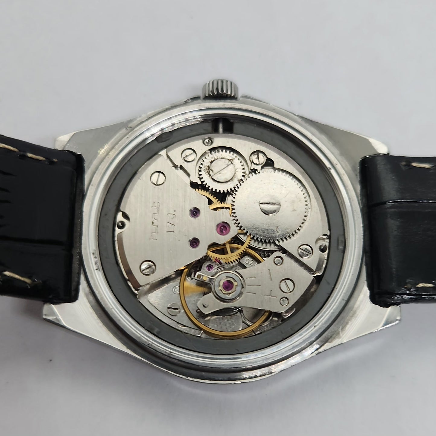 Vintage Original HMT Kohinoor Hand Winding 17 Jewels Silver Face Black Leather Strap Men's Wrist Watch OG185
