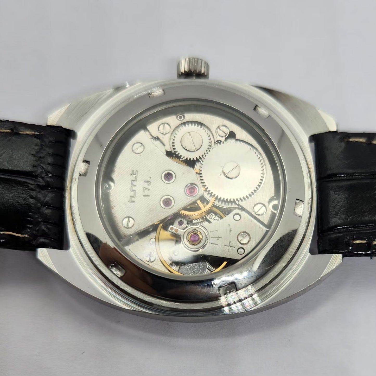 Vintage MOD HMT Kohinoor Devanagari Hand Winding 17 Jewels SIlver Face Black Strap Men's Wrist Watch G26