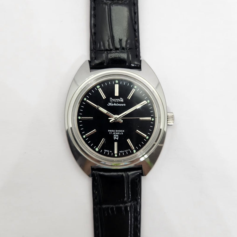 Vintage MOD HMT Kohinoor Hand Winding 17 Jewels Black Face Black Strap Men's Wrist Watch G27