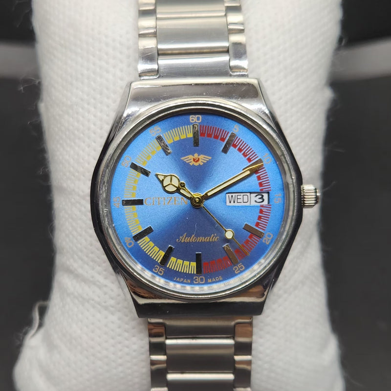 Vintage Mod Citizen 8200 Automatic Blue Face 36MM Case Day-Date Men's Wrist Watch CT87