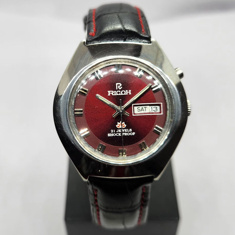 Vintage Ricoh R31 Automatic Red Face New Strap 21 Jewels Day-Date Men's Wrist Watch R65