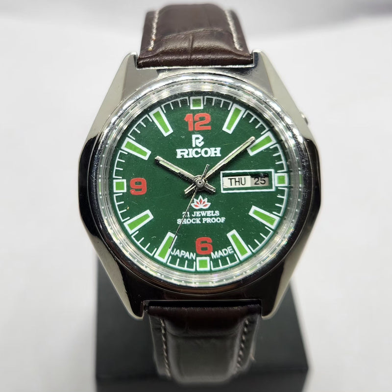 Vintage Ricoh R31 Automatic Green Face New Strap 21 Jewels Day-Date Men's Wrist Watch R90