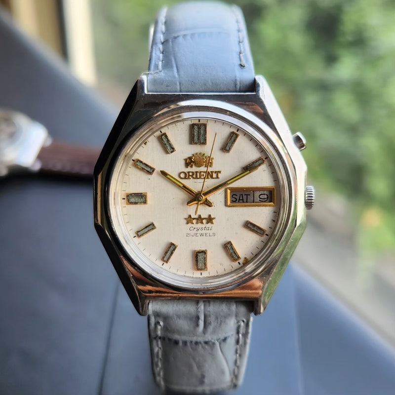 Vintage Original Orient 46941 Automatic 21 Jewels Cream Face Day-Date Men's Wrist Watch OR15