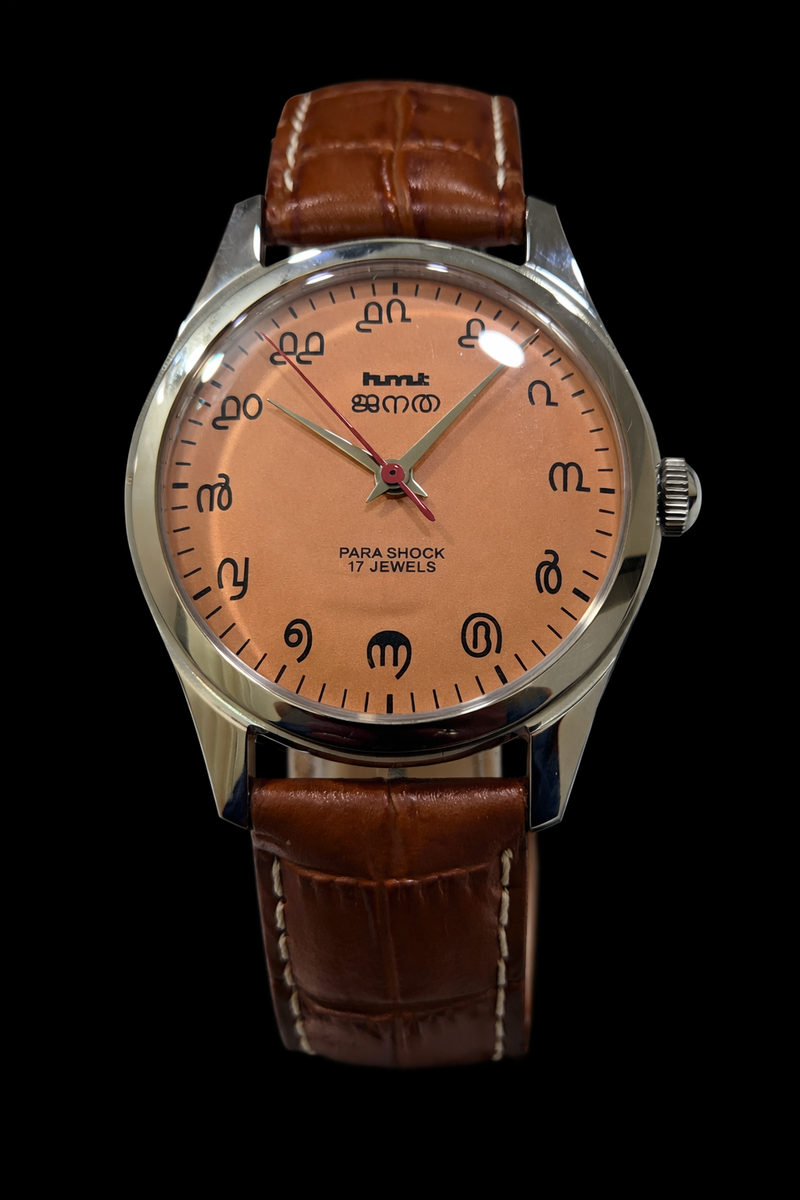 Vintage MOD HMT Janata Malayalam Hand Winding 17 Jewels Peach Face Red Leather Strap Men's Wrist Watch K05