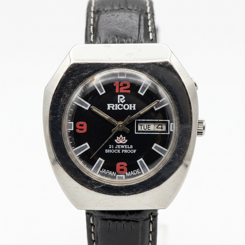 Vintage Ricoh R31 Automatic Black Face New Strap 21 Jewels Day-Date Men's Wrist Watch R16
